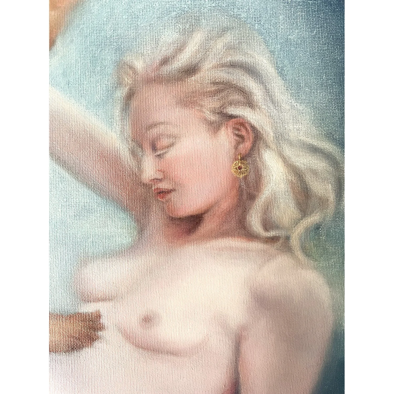 Detail of a narrative oil painting showing an Anglo Saxon goddess wearing Anglo Saxon earrings. By contemporary artist Karina Tarin.