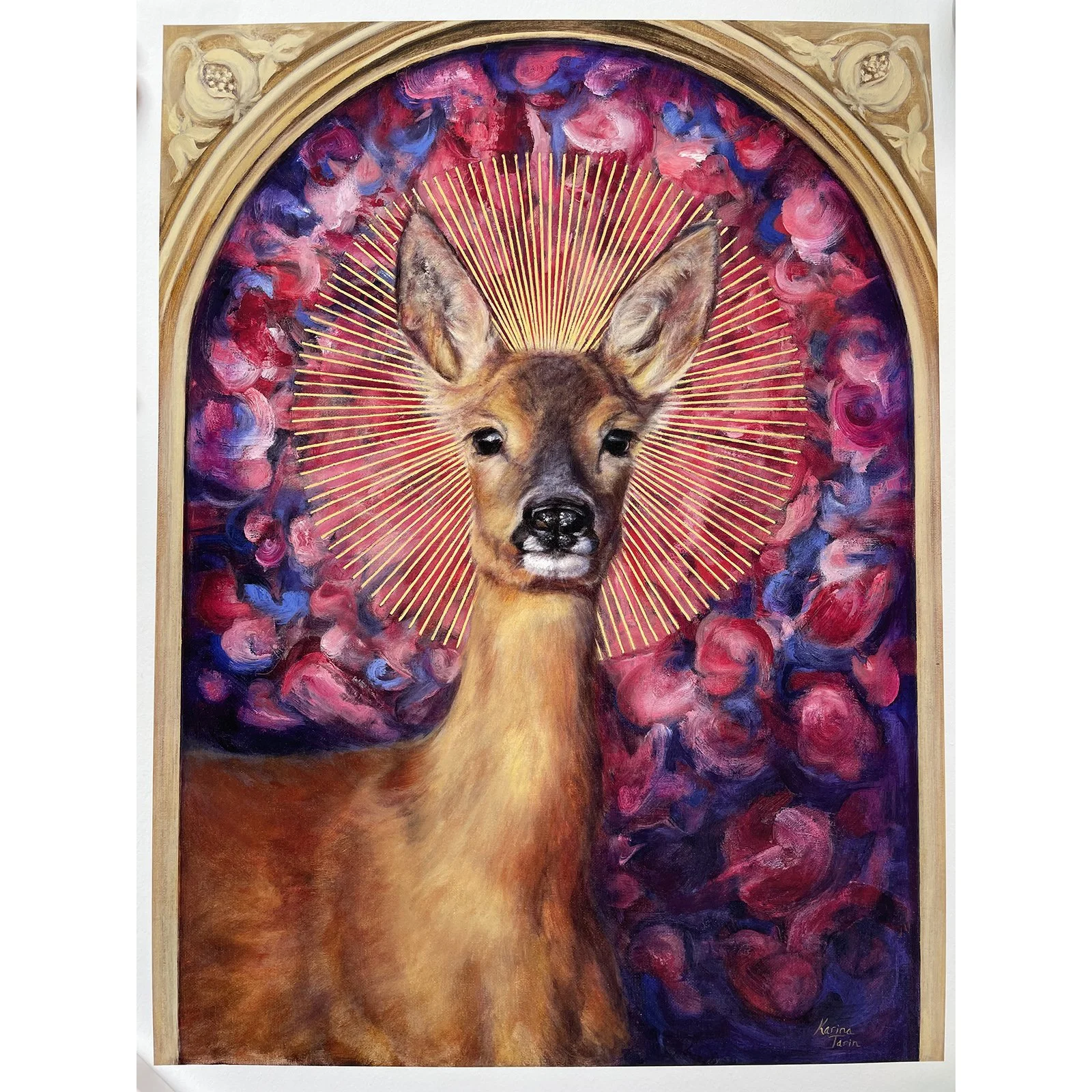 Giclee art print of a roe deer doe with a sunburst halo against an abstract background of rose petals. By imaginative realism artist Karina Tarin.