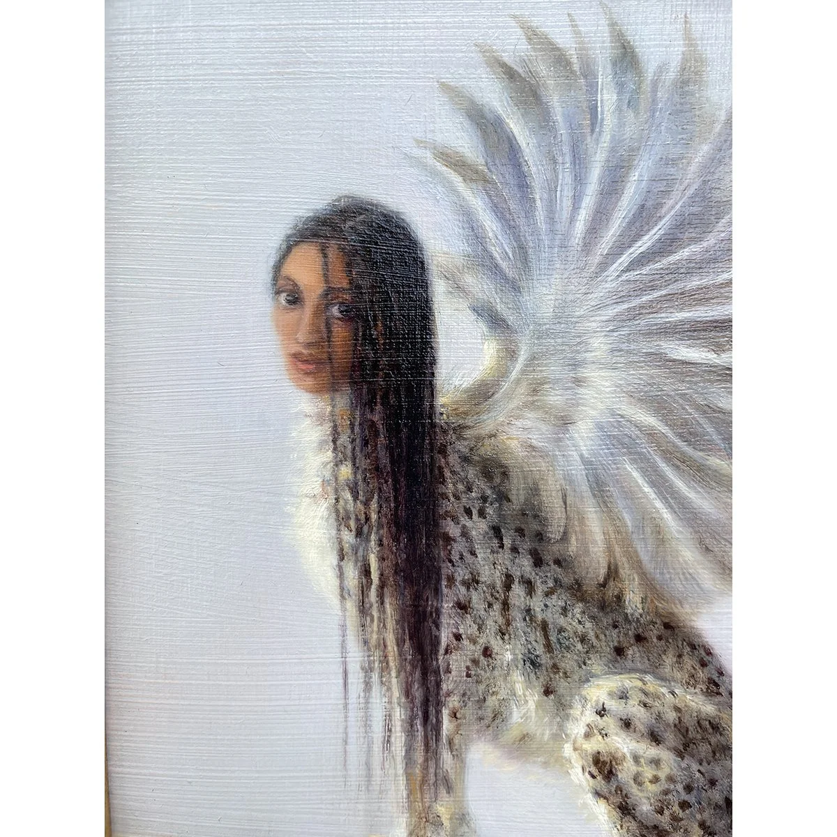 Head, body and wing detail from an original oil painting of a Greek sphinx with the head of a beautiful woman, the body of a cheetah, and wings by contemporary artist Karina Tarin