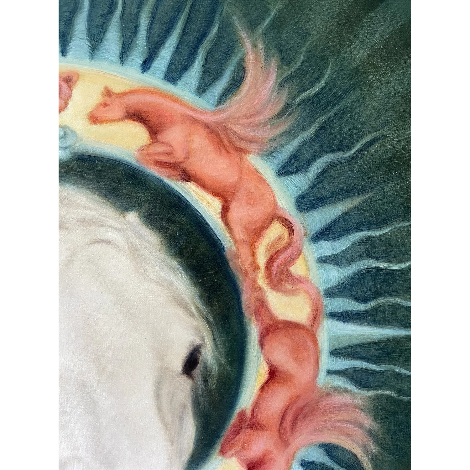 Detail of a painting of Aeolus, greek god and keeper of the winds. In this equine painting Aeolus is depicted as a horse, surrounded by winged horses in his halo, symbolising the four winds.