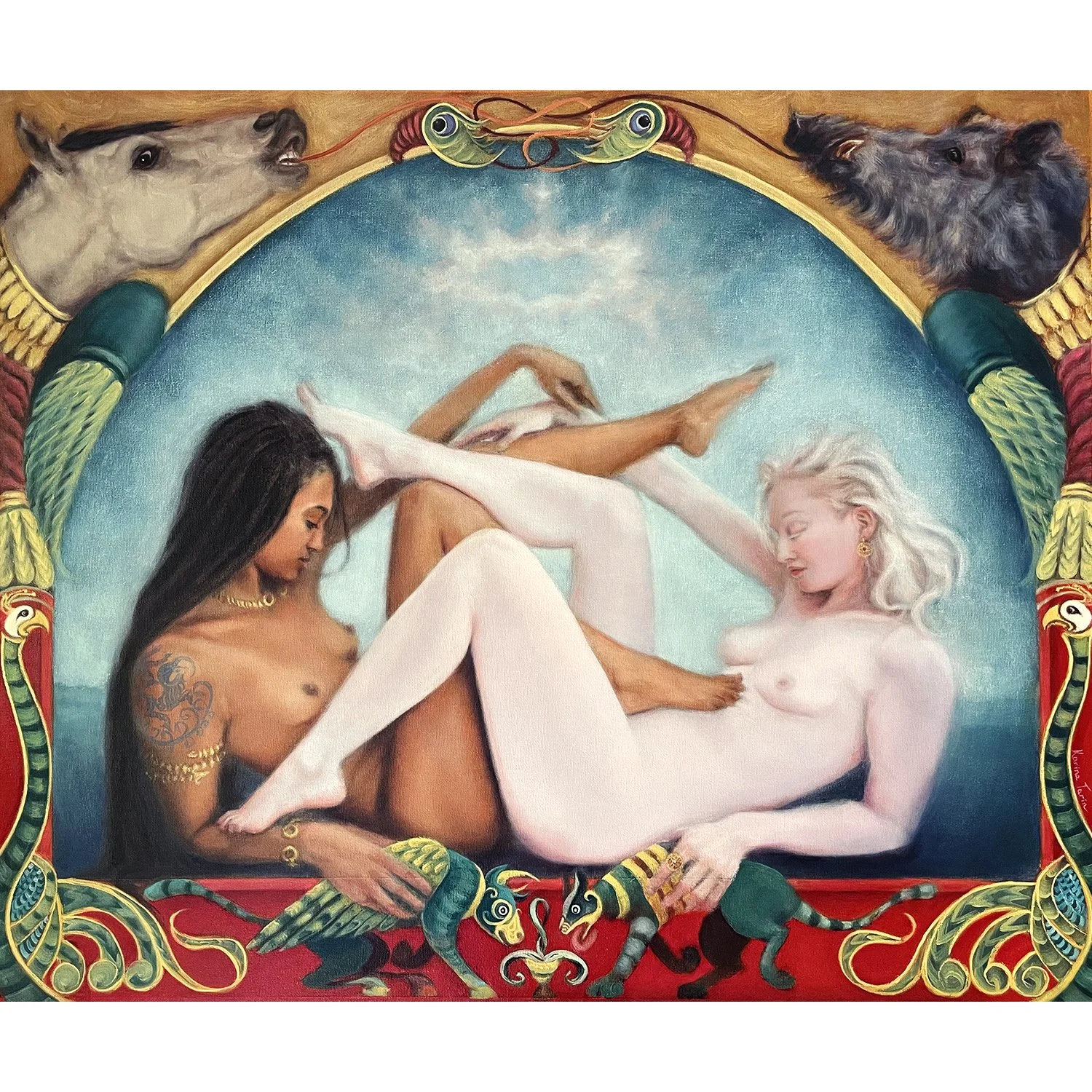 Pact, a narrative oil painting inspired by ancient goddesses and the merging Ancient Briton and Anglo Saxon people and cultures, rich with animal and mythical beast symbolism. By Karina Tarin.