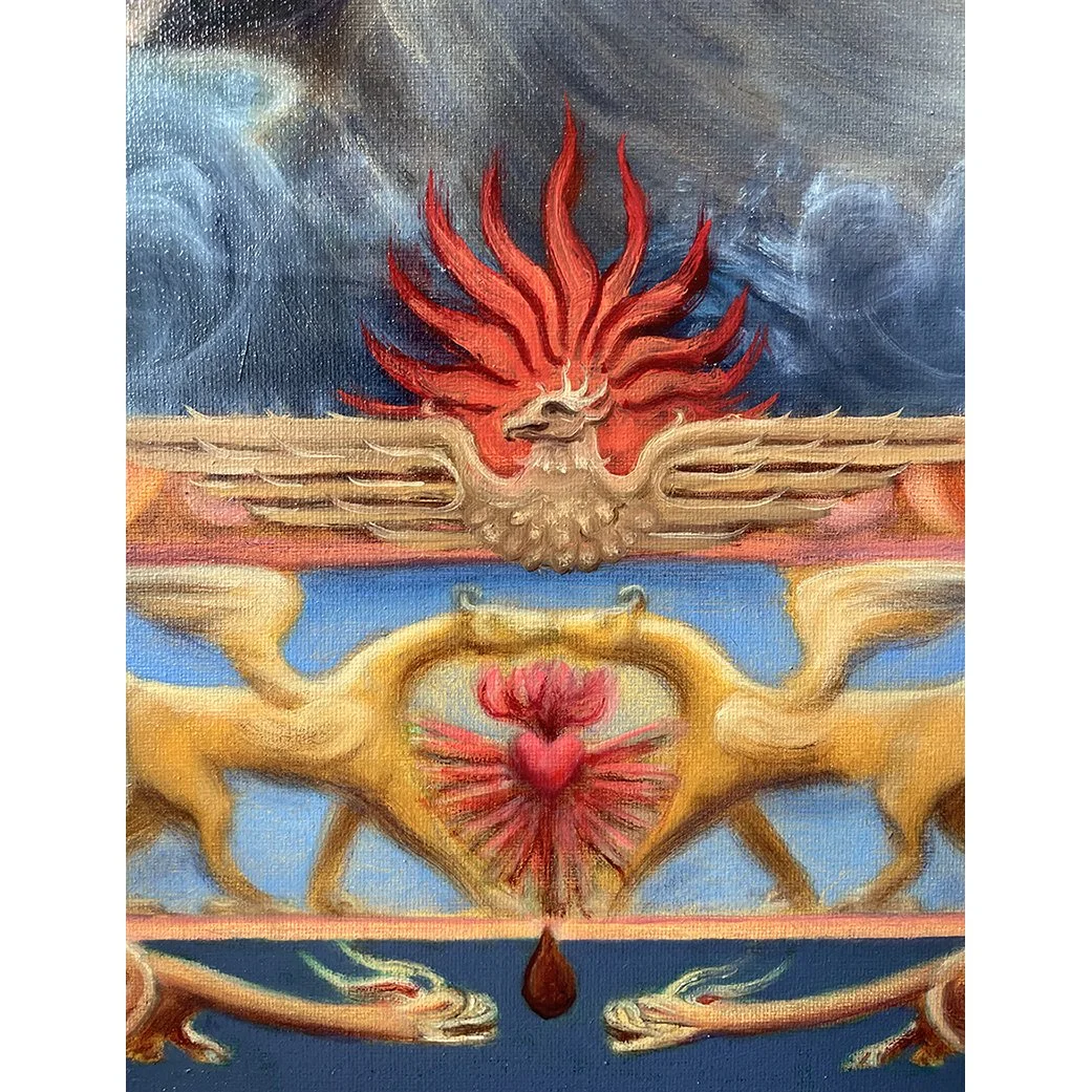 Detail from a creation myth painting showing a phoenix symbolising hope and regeneration and dragons guarding a heart, symbolising love, by contemporary artist Karina Tarin
