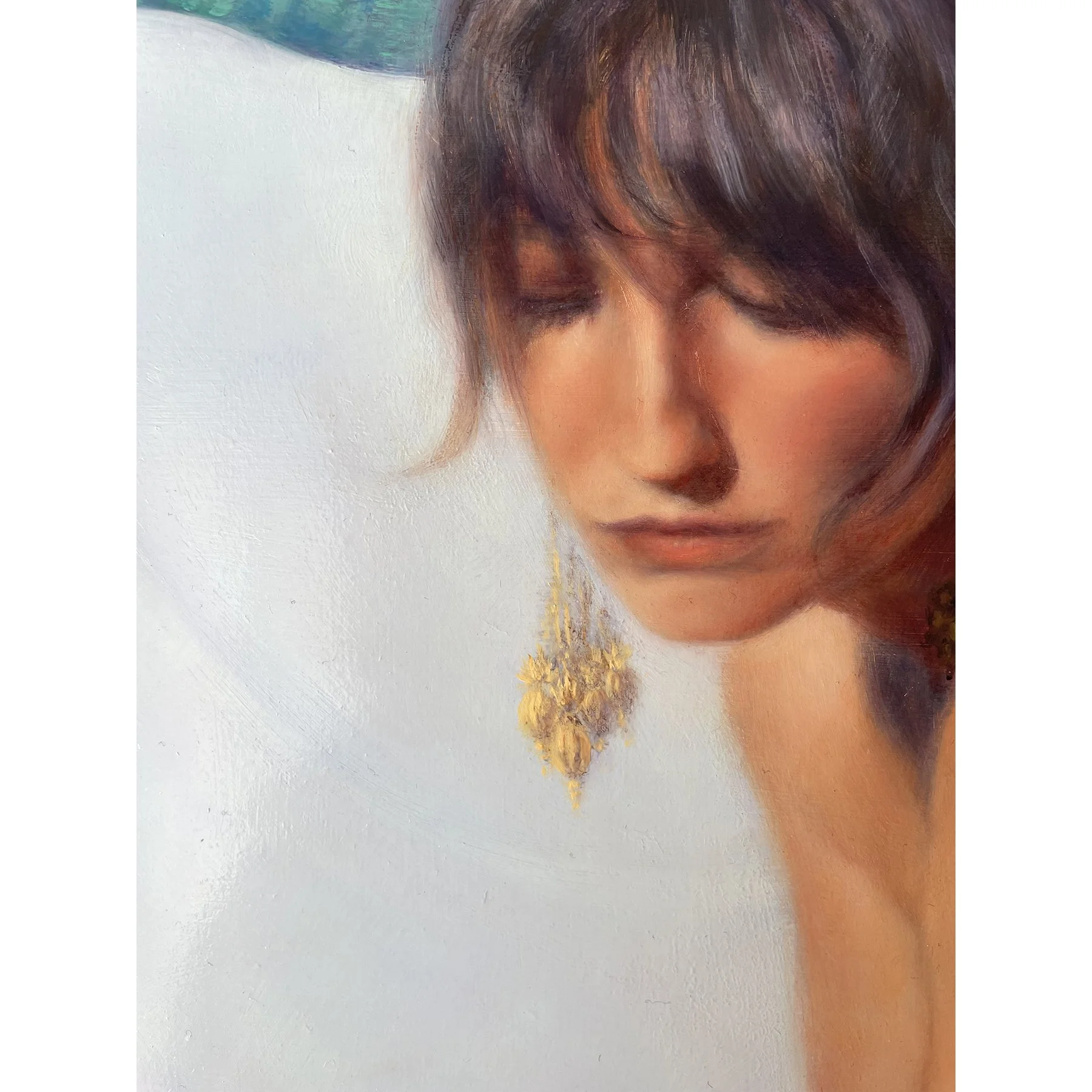 Oil painting face detail of Hera, Greek Goddess and Olympian queen of the gods, goddess of marriage, women, the sky and the stars of heaven. By contemporary artist Karina Tarin