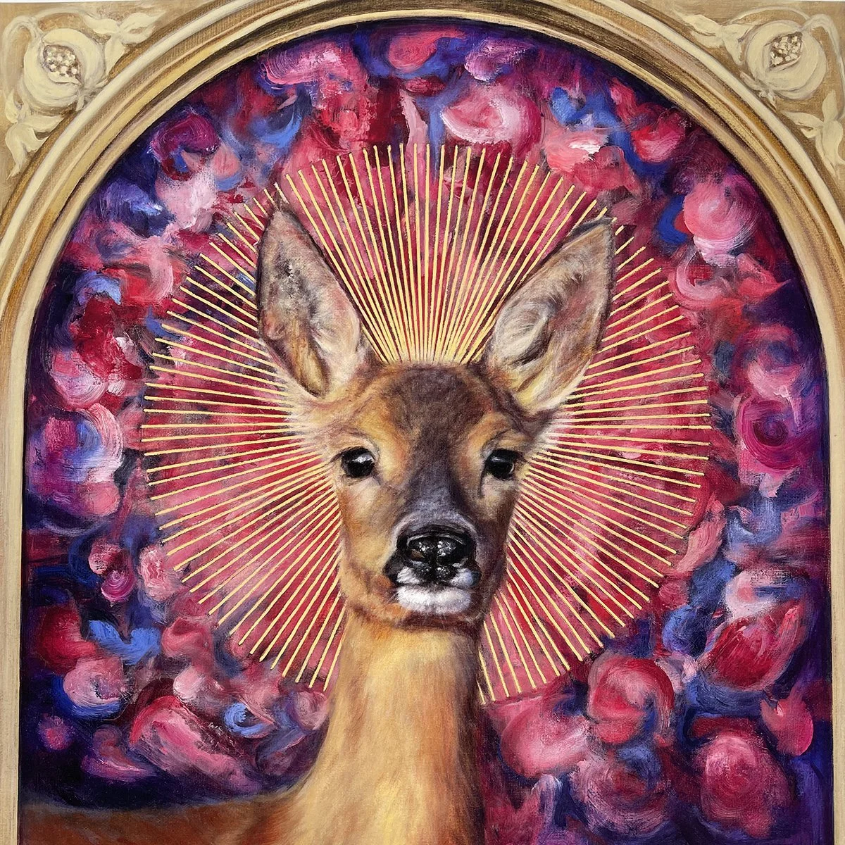 Giclee print of a beautiful female roe deer with a radiant halo. Art print available to buy.