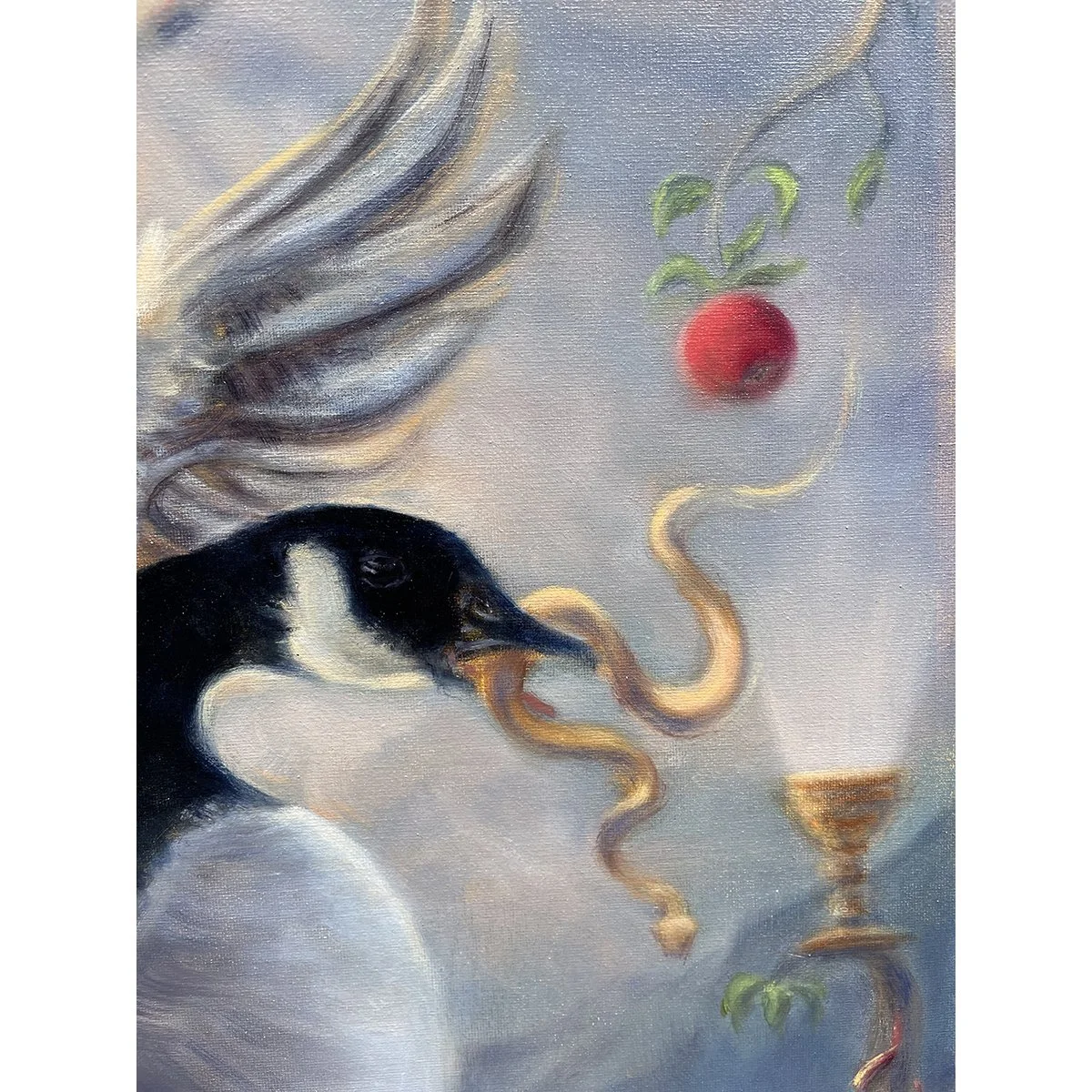 Detail from a creation story painting showing the great goose from the Ancient Egyptian creation myth plucking the snake from the apple tree in Eden by contemporary artist Karina Tarin