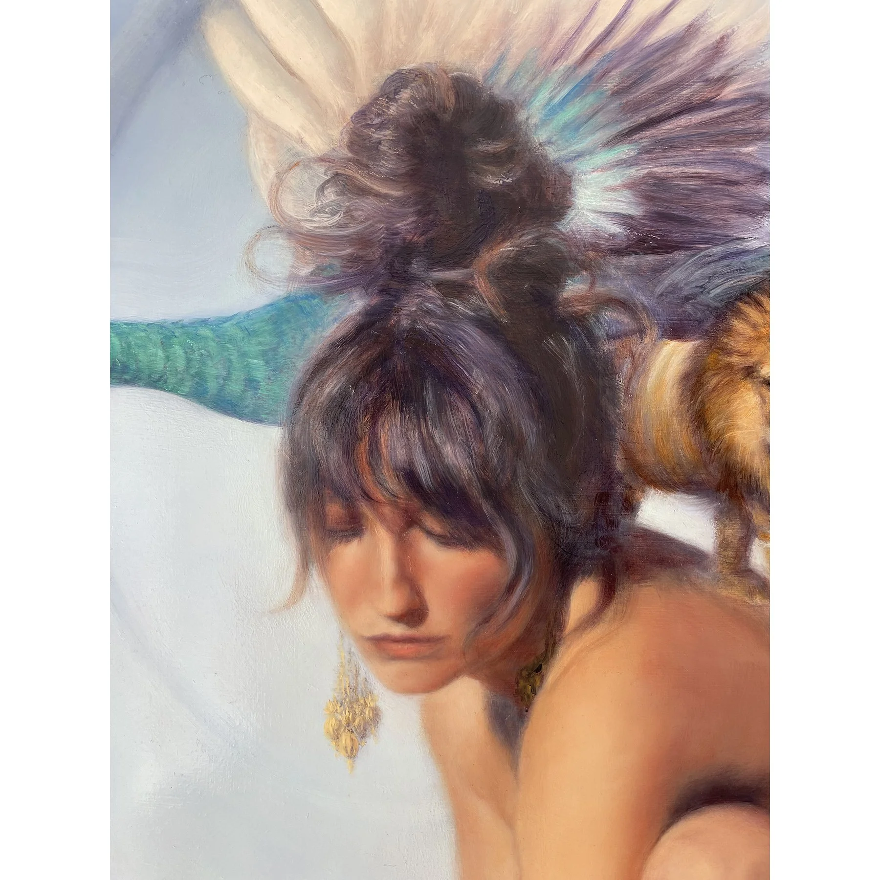 Oil painting face detail of Hera, Greek Goddess and Olympian queen of the gods, goddess of marriage, women, the sky and the stars of heaven. By contemporary artist Karina Tarin