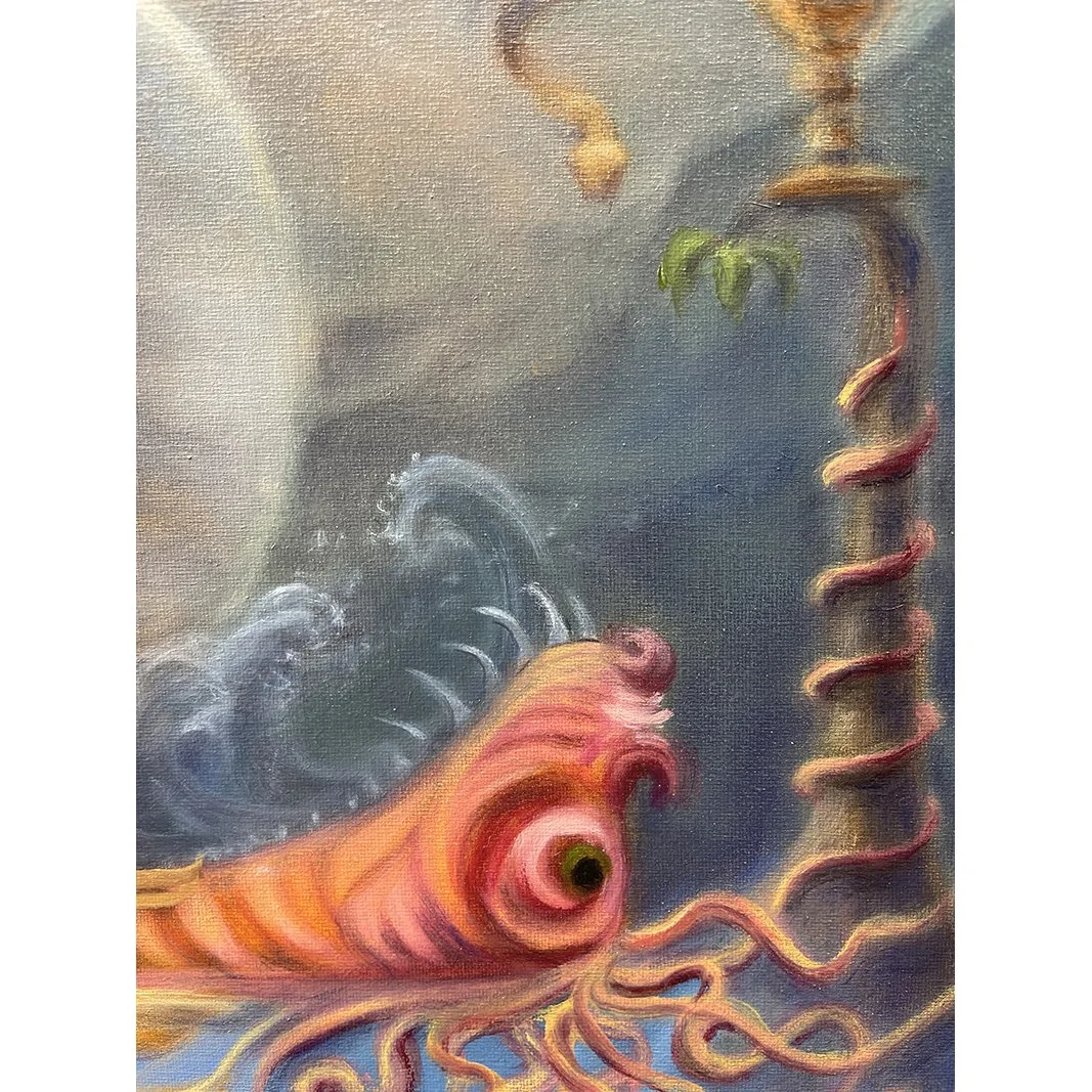 Detail from a creation story painting showing a dragon type beast in illuminated manuscript style, and the snake from Eden, by female contemporary artist Karina Tarin