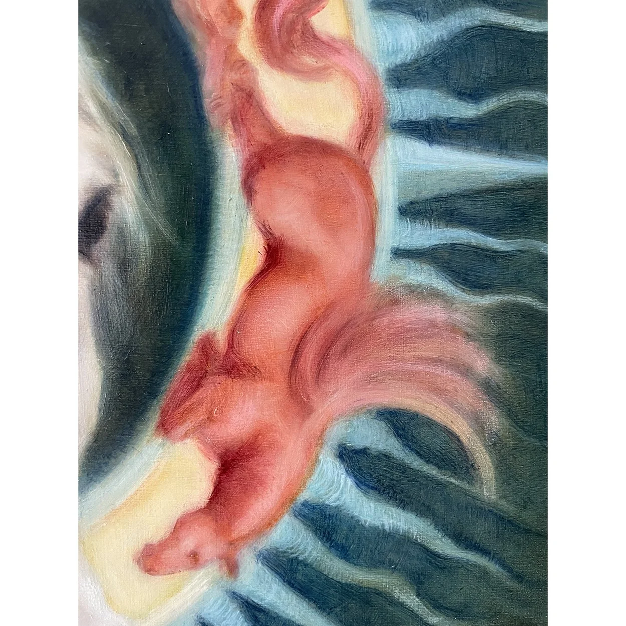 Detail of an oil painting of Aeolus, showing a pink, winged horse, symbolising one of the four winds.  By Karina Tarin.
