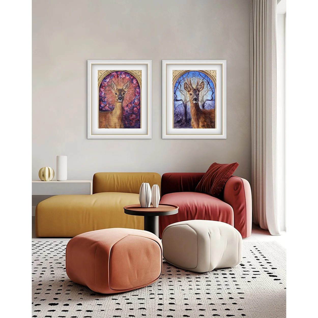 Two beautiful giclee prints of deer in a sitting room. One shows a female roe deer, and the other is a male roe deer buck. Prints available to buy from Karina Tarin