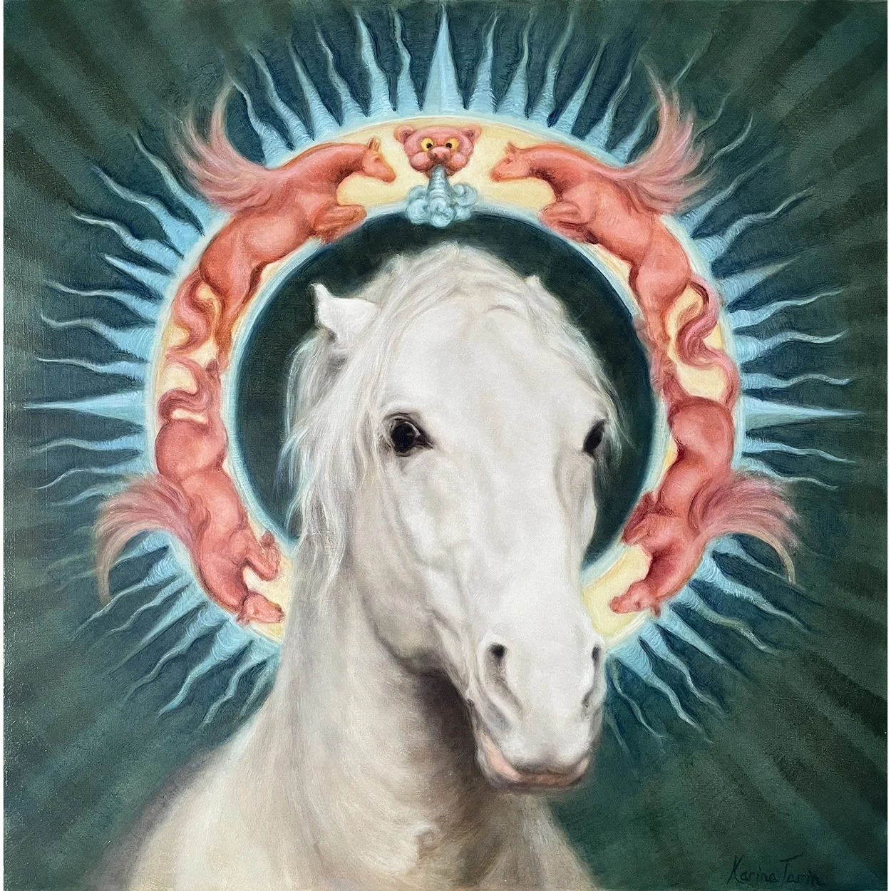 A painting of Aeolus, greek god and keeper of the four winds. Aeolus is depicted as a horse, surrounded by winged horses in his halo, symbolising the four winds. By Karina Tarin.