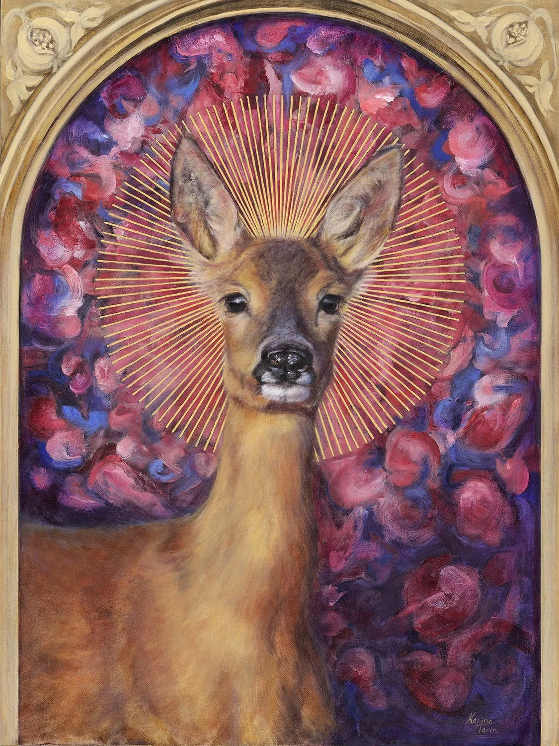 An original oil painting of a female roe deer doe with a sunburst halo against an abstract background of petals. The pomegranates in the painted frame symbolise abundance. By imaginative realism artist Karina Tarin