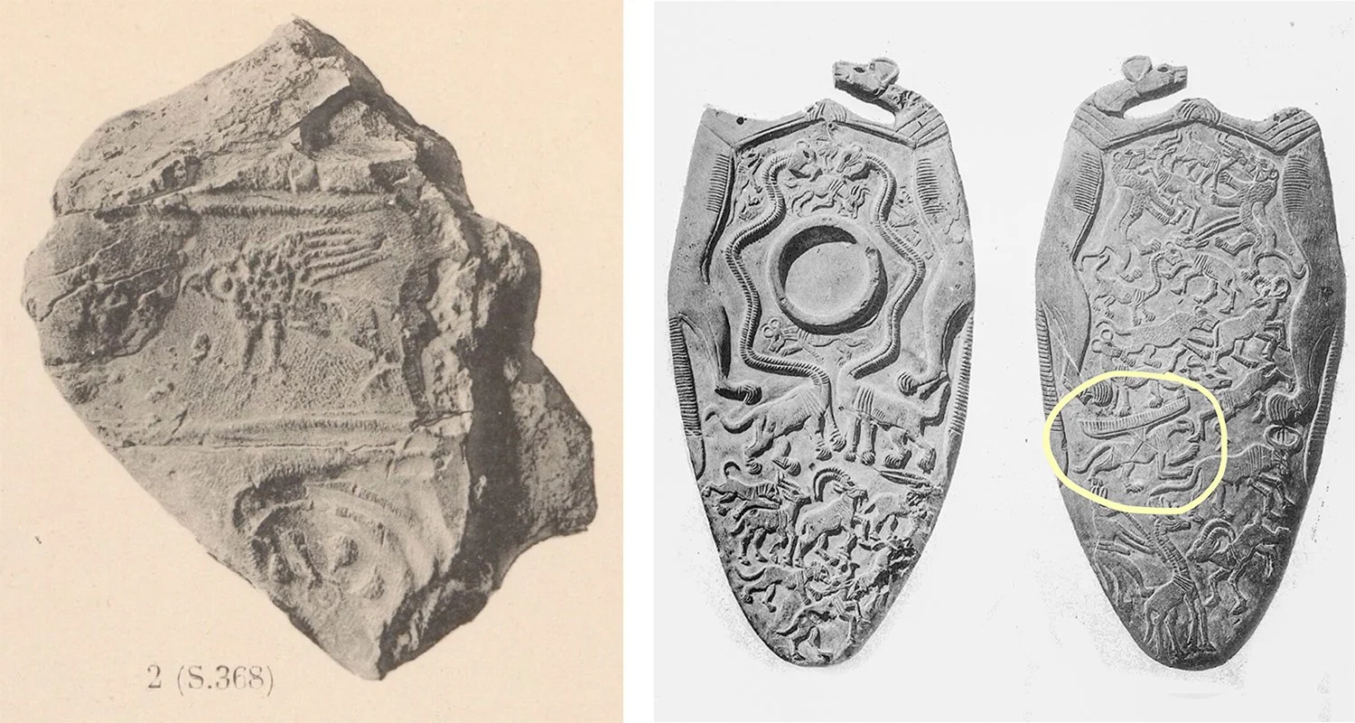 The earliest representation of a griffin on Uruk cylinder seal, 4th millennium BC, and winged griffin on Ancient Egyptian Two Dogs Palette, 3300-3100 BC