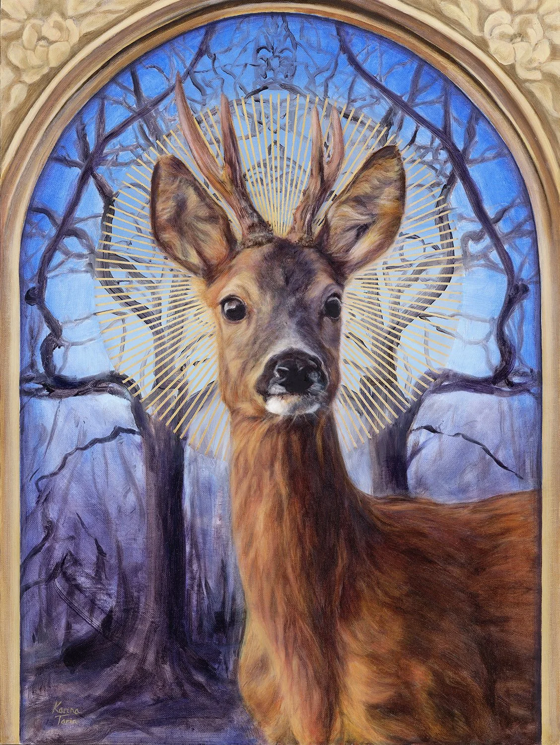 An original oil painting showing a roe deer buck with a radiant halo against a background of winter trees. The magnolia flowers in the gold painted frame symbolise dignity. By imaginative realism artist Karina Tarin