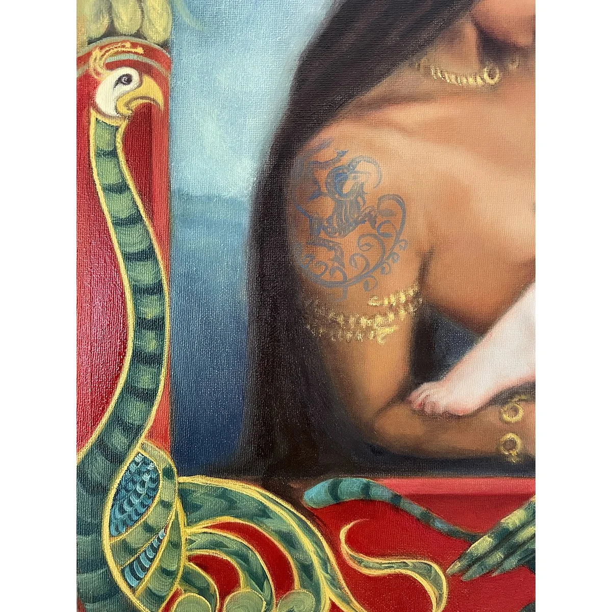 Detail of Pact, a narrative oil painting, showing an Ancient Briton goddess with narrative borders showing mythical beasts inspired by illuminated manuscripts. By British artist Karina Tarin.