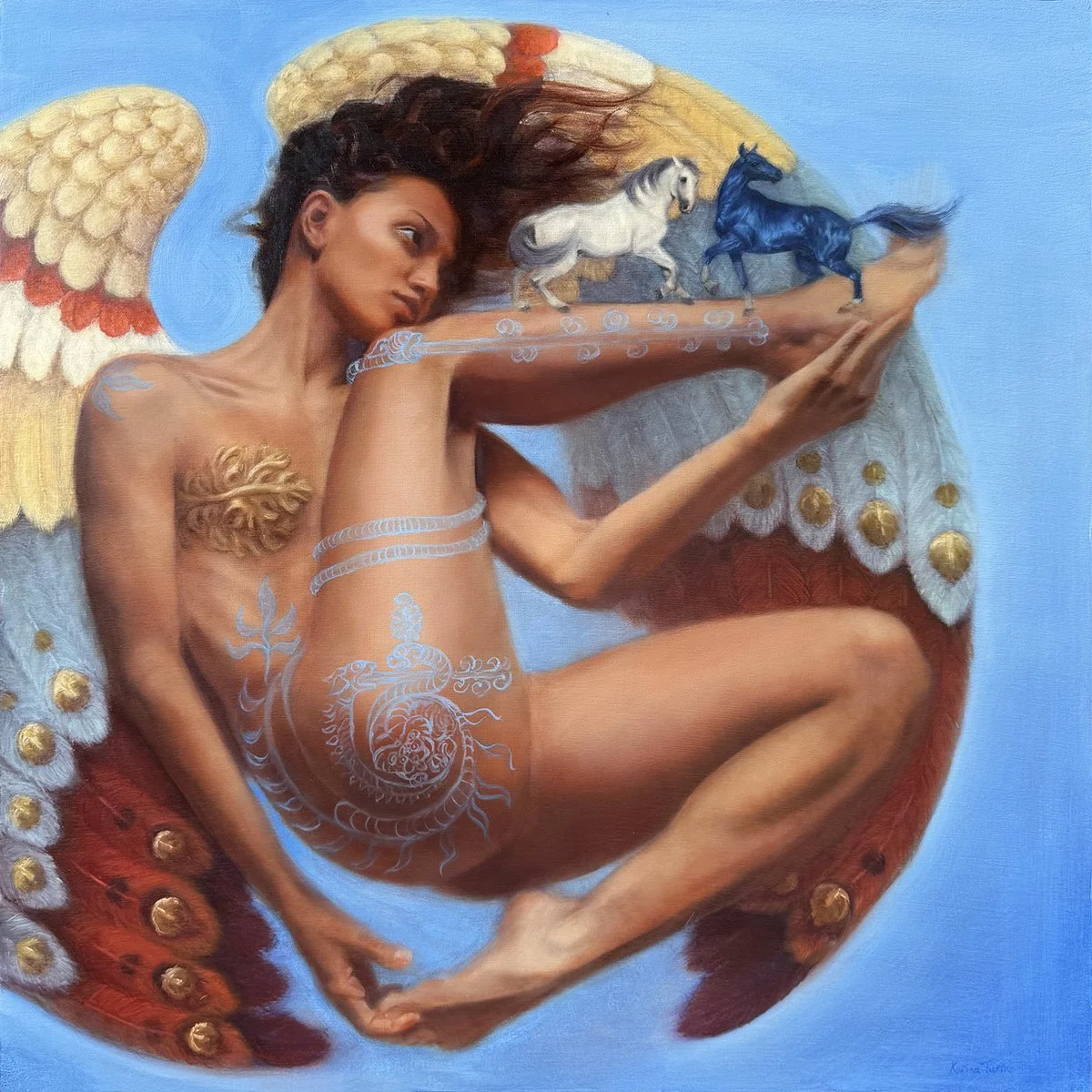 Original oil painting of Zephyrus, greek goddess of the west wind (usually shown as a greek god), with colourful wings, two horses and tattoos which tell her story. By myth artist Karina Tarin