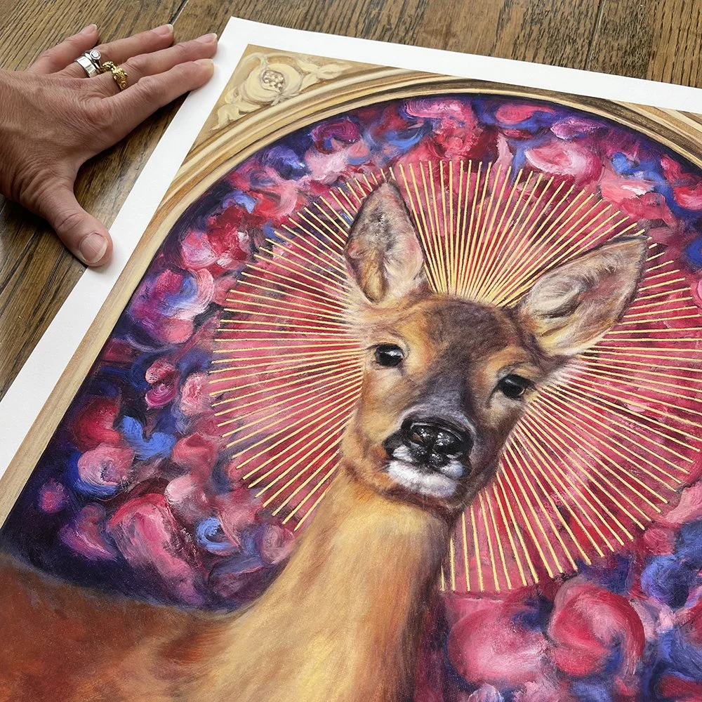 A beautiful limited edition giclee print of a roe deer with a radiating halo by imaginative realism artist Karina Tarin