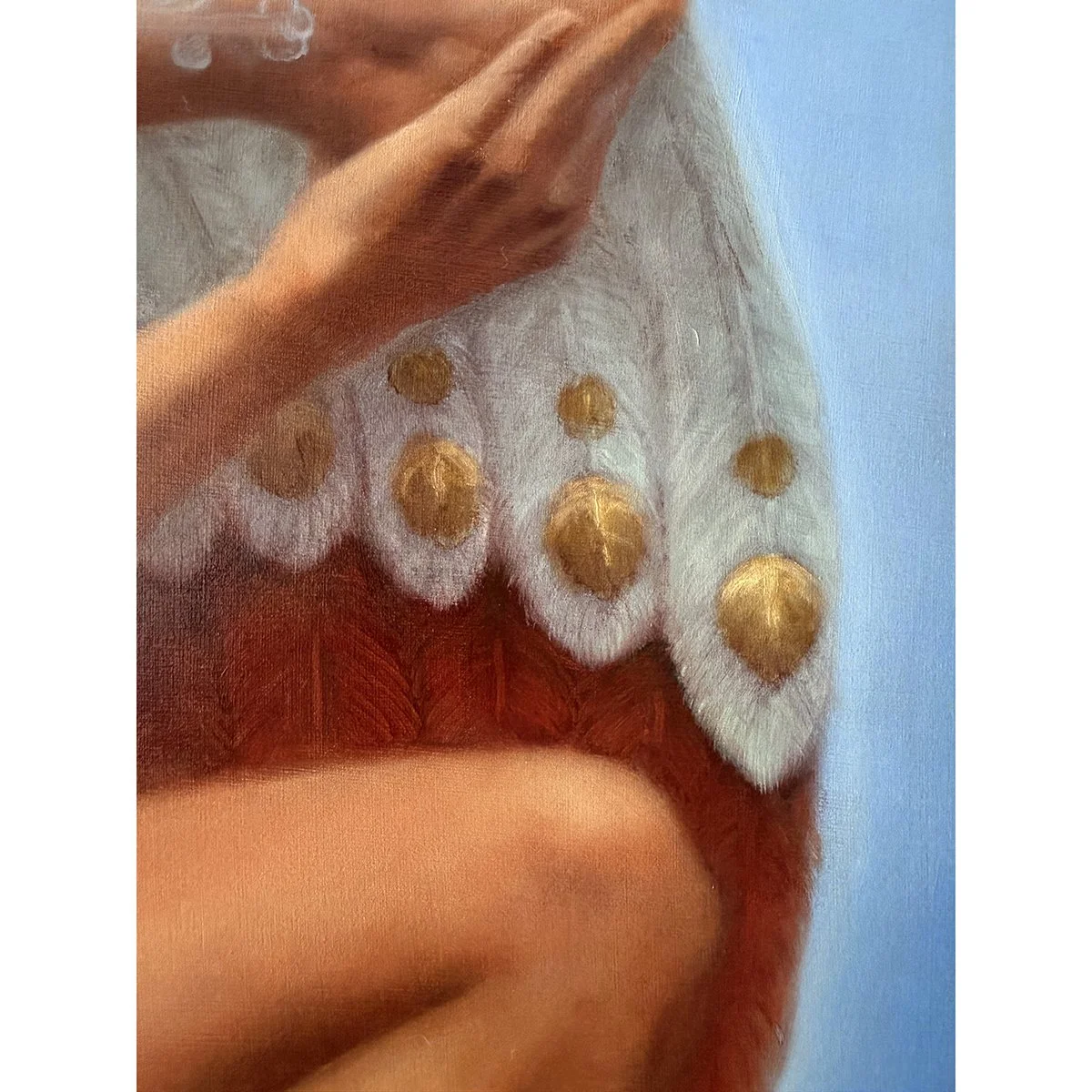 Colourful wing detail from an oil painting of Zephyrus, greek goddess of the west wind (usually shown here as a greek god). By narrative artist Karina Tarin.