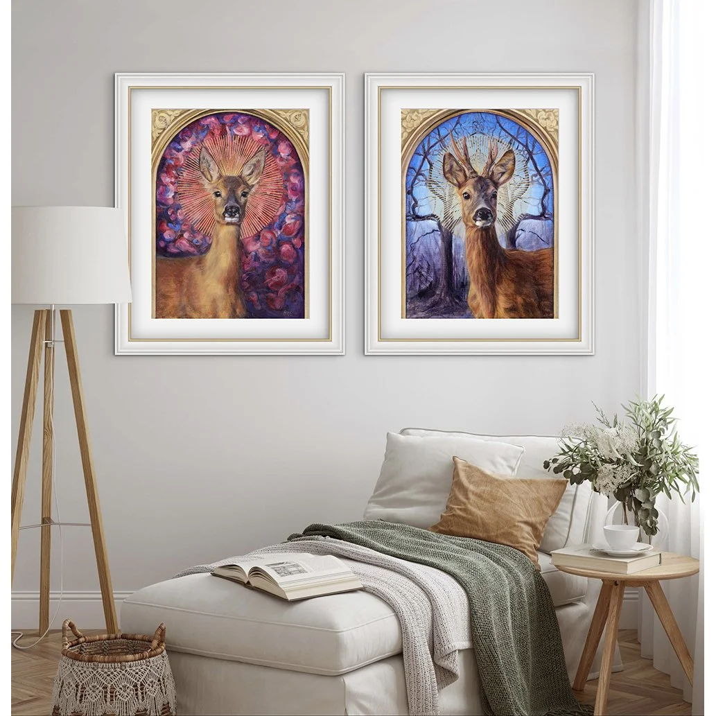 Two beautiful giclee prints of deer in a bedroom. One shows a female roe deer, and the other is a male roe deer buck. Prints available to buy from Karina Tarin
