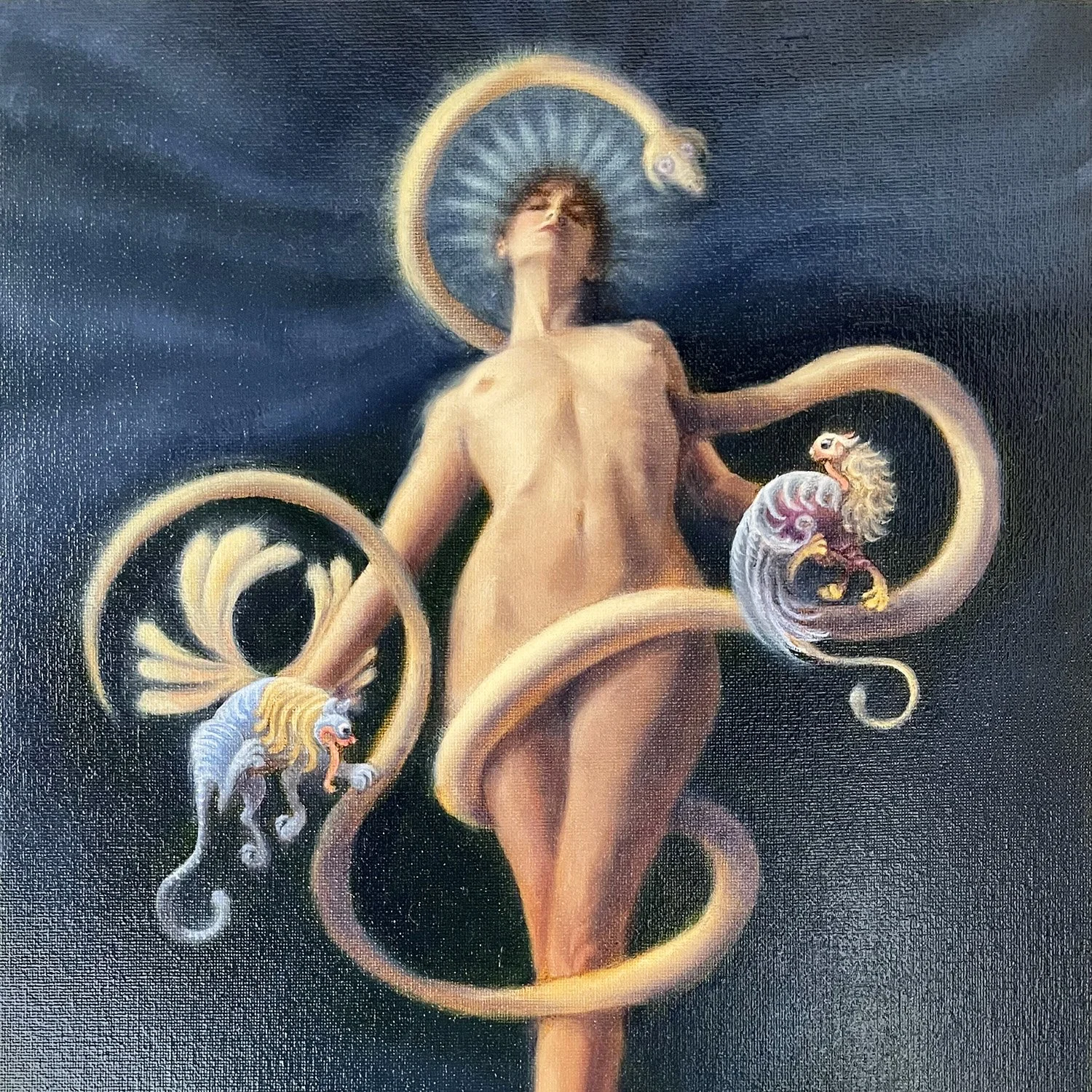 Resurrection, a narrative oil painting inspired by ancient stories of The Goddess and resurrection. By artist Karina Tarin.