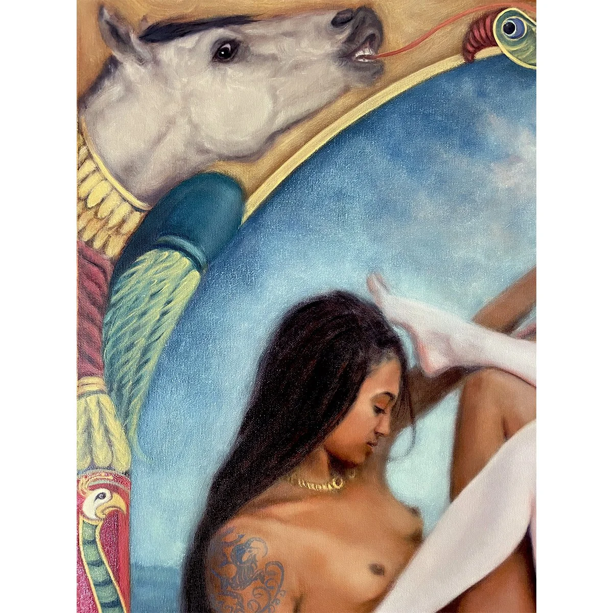 Detail of Pact, showing the Ancient Briton goddess and the feet of the Anglo Saxon goddess, together with the narrative borders showing a white horse mythical beast. By artist Karina Tarin