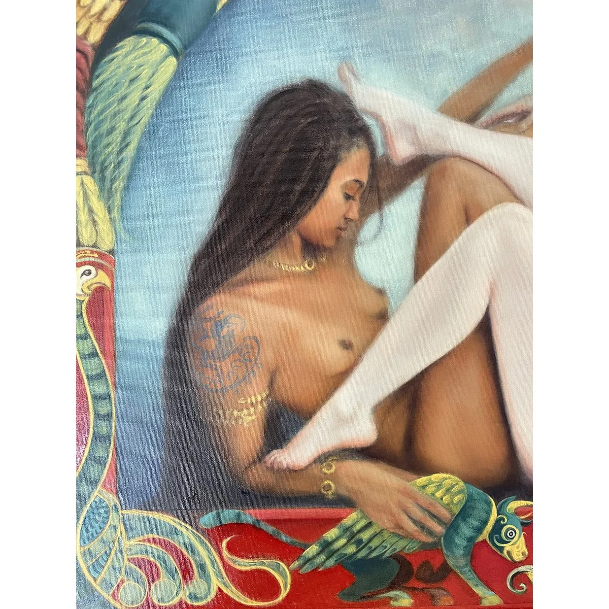 Detail of Pact, a narrative oil painting, showing an ancient briton goddess with narrative borders showing mythical beasts inspired by illuminated manuscripts. By British artist Karina Tarin.