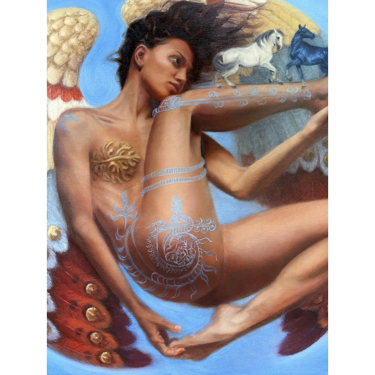 Oil painting of Zephyrus, greek goddess of the west wind (usually shown here as a greek god), with colourful wings, two horses and tattoos which tell her story. By mythical artist Karina Tarin.
