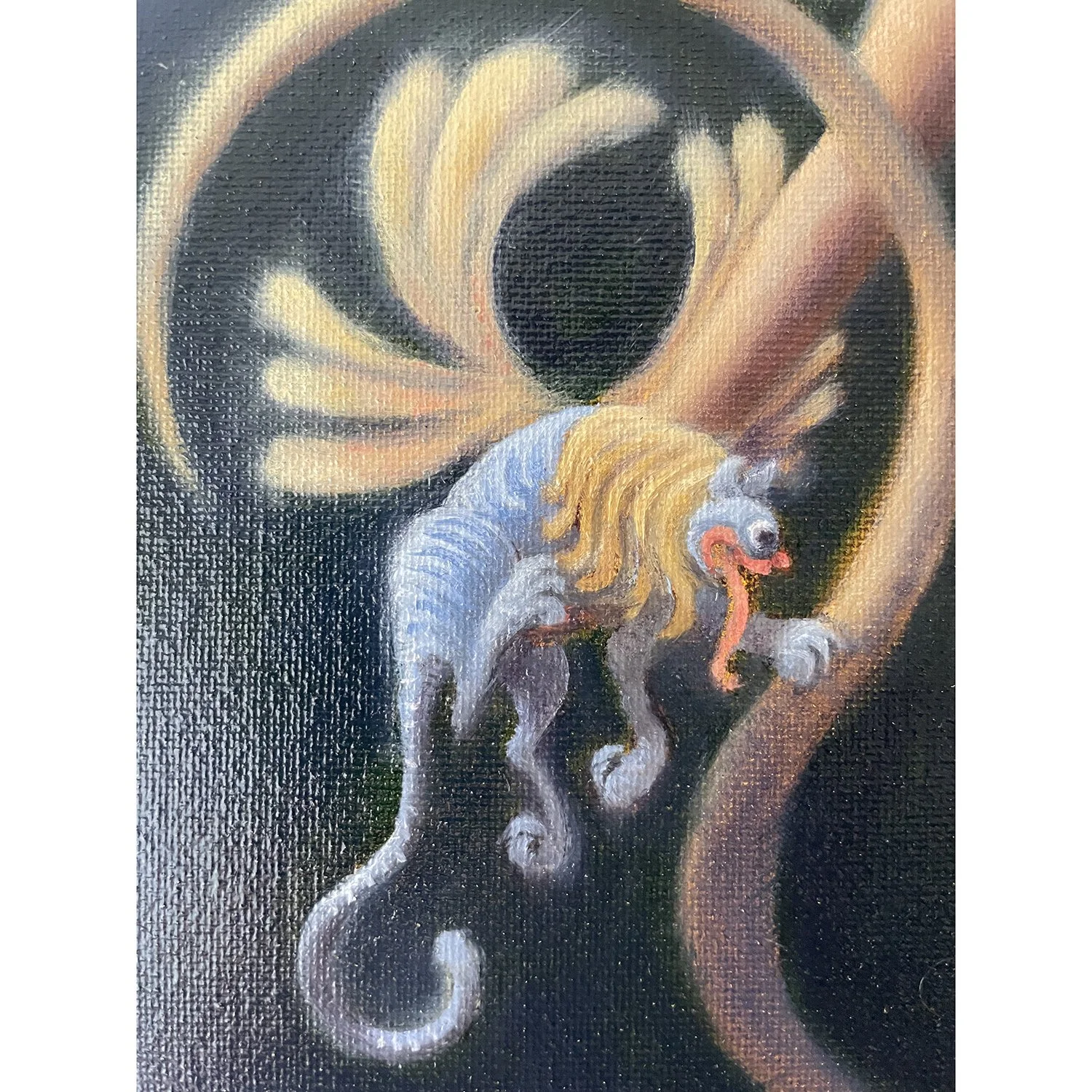 Detail of Resurrection, a goddess painting, showing a symbolic winged lion and golden snake detail. By narrative painter Karina Tarin