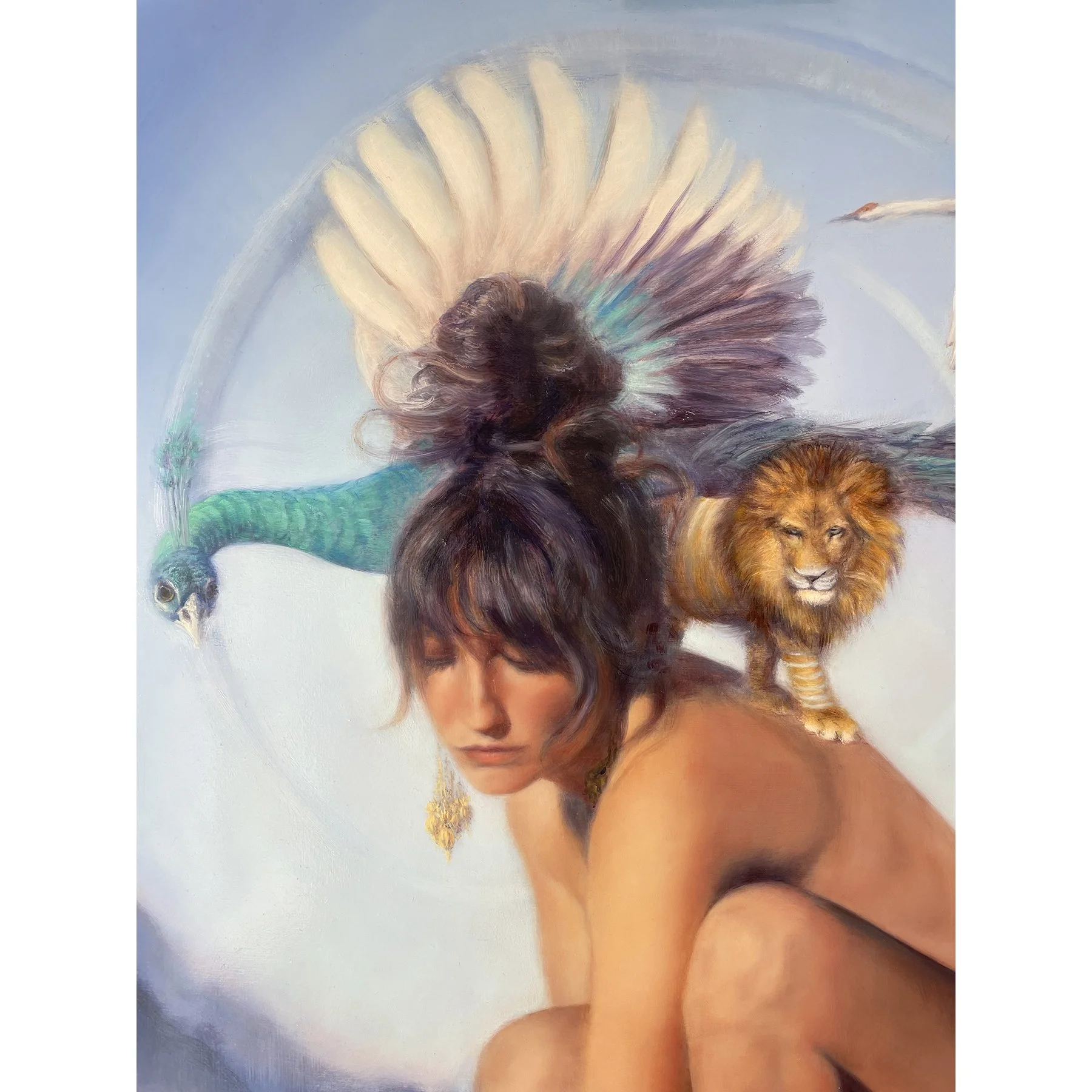 Hera greek goddess painting with peacock lion and crane