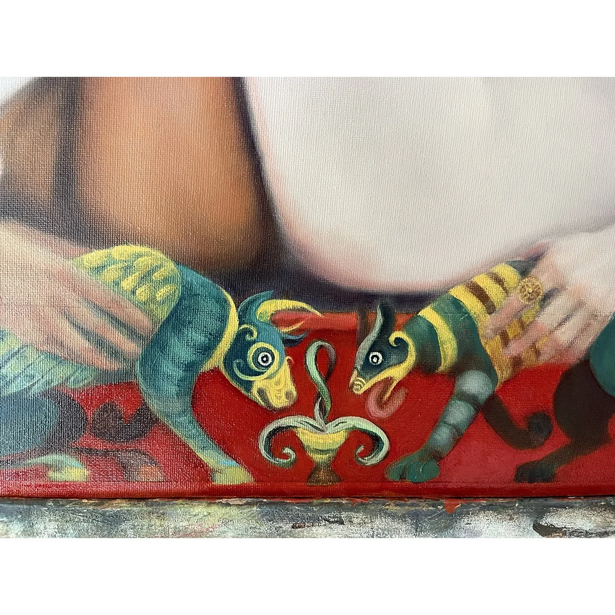 Detail of Pact, a narrative oil painting, showing part of the narrative borders with mythical beasts inspired by illuminated manuscripts. By contemporary artist Karina Tarin.