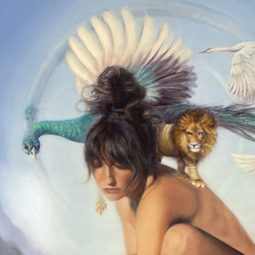 An original oil painting of Hera, Greek goddess and queen of the gods in greek mythology. She is depicted here with her peacock. Painting available to buy.
