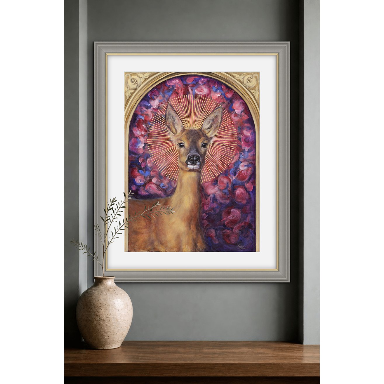 Limited edition art print of a beautiful roe deer on a sage wall. This roe deer buck has a sunburst halo against a background of petals. Deer prints available to buy