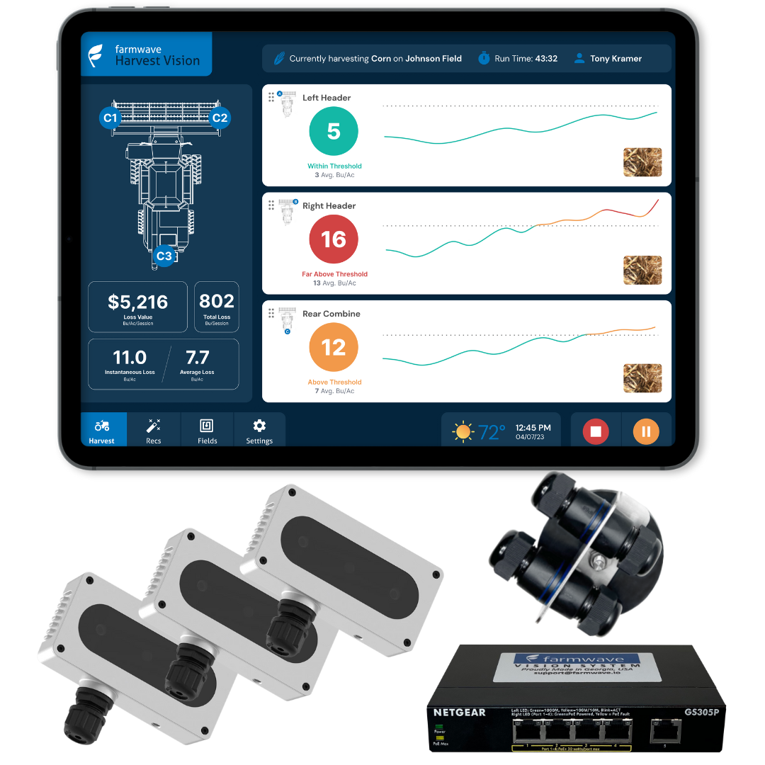 farmbook monitor, 3 AI cameras, header disconnect, and switch