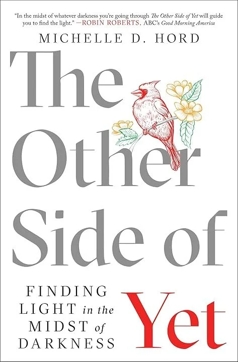 Book cover titled "The Other Side of Yet" by Michelle D. Hord featuring a sketch of a bird sitting on a branch with flowers.