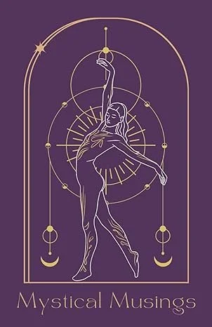 Line art illustration of a woman dancing with mystical symbols, circles, and celestial elements in a fantasy style, titled 'Mystical Musings'.