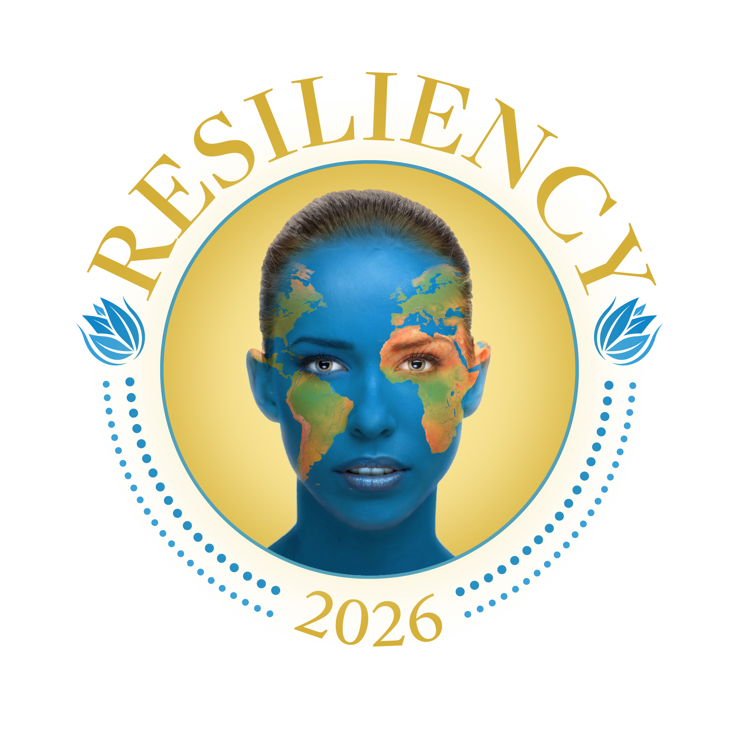 Design featuring a woman with a painted map of the world on her face, surrounded by the words 'Resiliency 2025' and decorative leaf motifs.