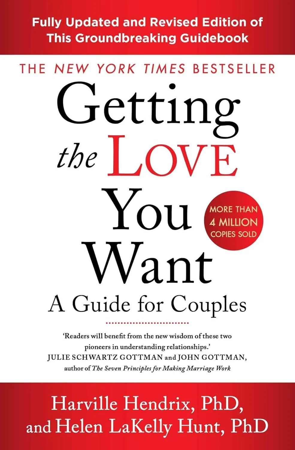 Book cover of "Getting the Love You Want: A Guide for Couples" by Harville Hendrix, PhD, and Helen LaKelly Hunt, PhD. Red and white background with the title in black and red text, and a red circle noting over 4 million copies sold.