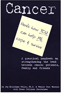Book cover titled 'Cancer' with a sticky note that says 'Here's how YOU can help ME cope & survive.' Subtext reads 'A practical handbook on strengthening the bond between cancer patients, family and friends' by Joy Elrichan Miller, Ph.D., and Monica Vest Wheeler, with Diane Culligan Obertheman.
