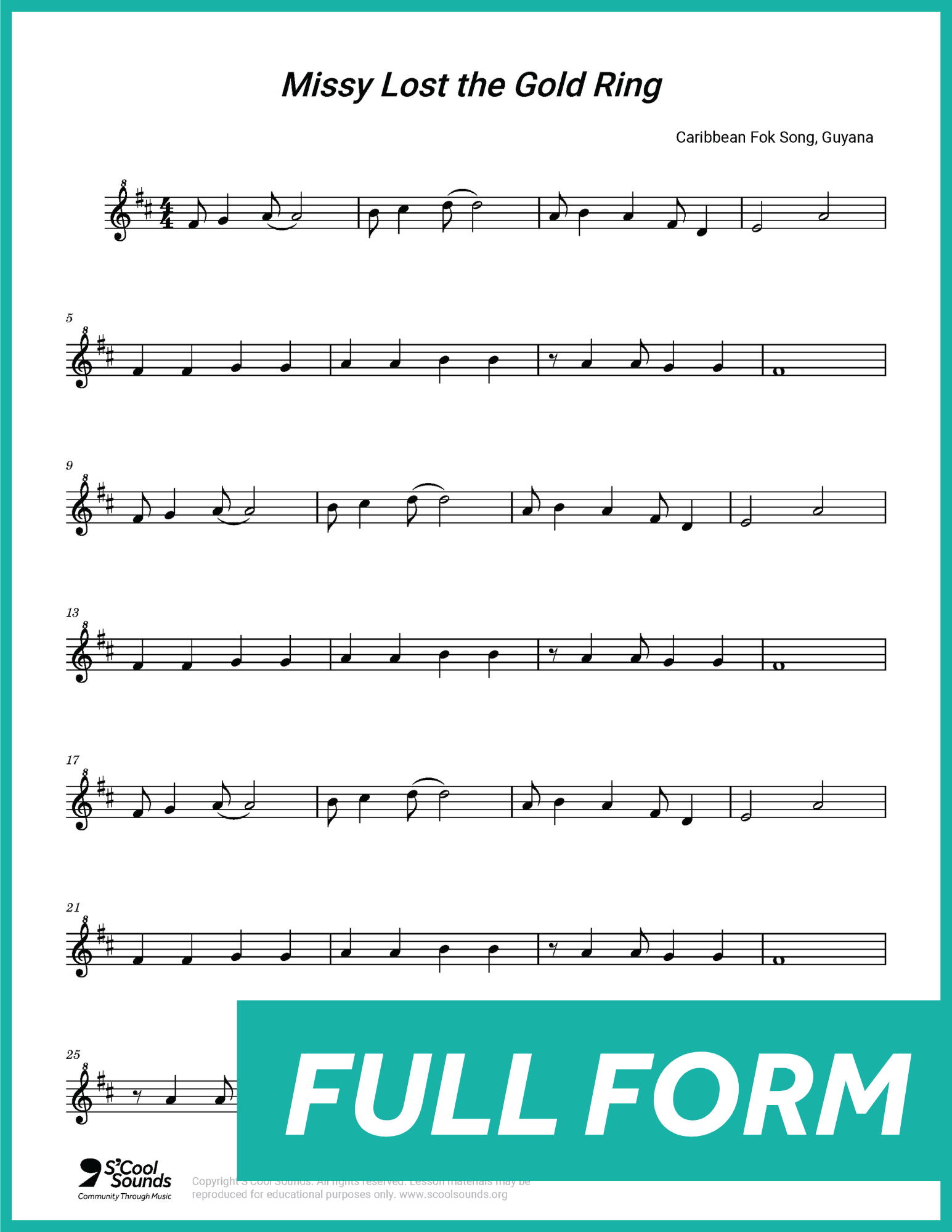 A thumbnail preview showing the full form notation for the song "Missy Lost the Gold Ring."