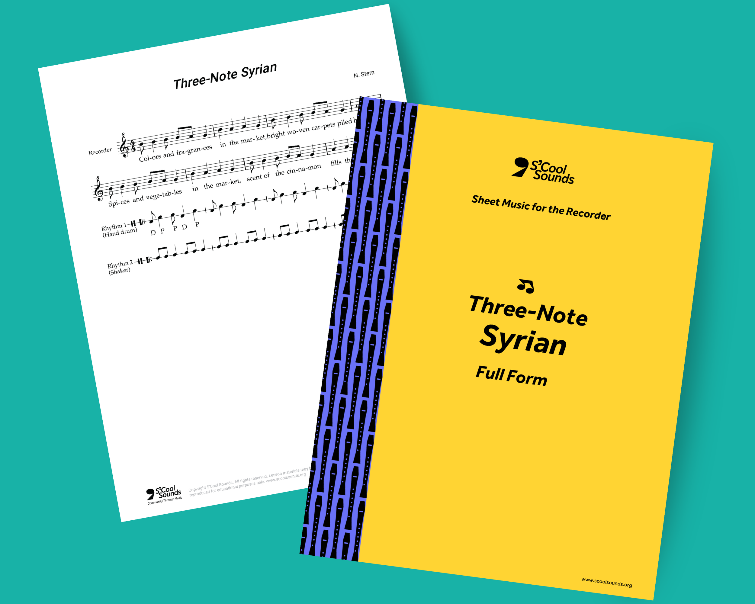 Two sheets of music for "Three-Note Syrian": one white with musical notation, the other yellow serving as the cover with the title and decorative pattern.