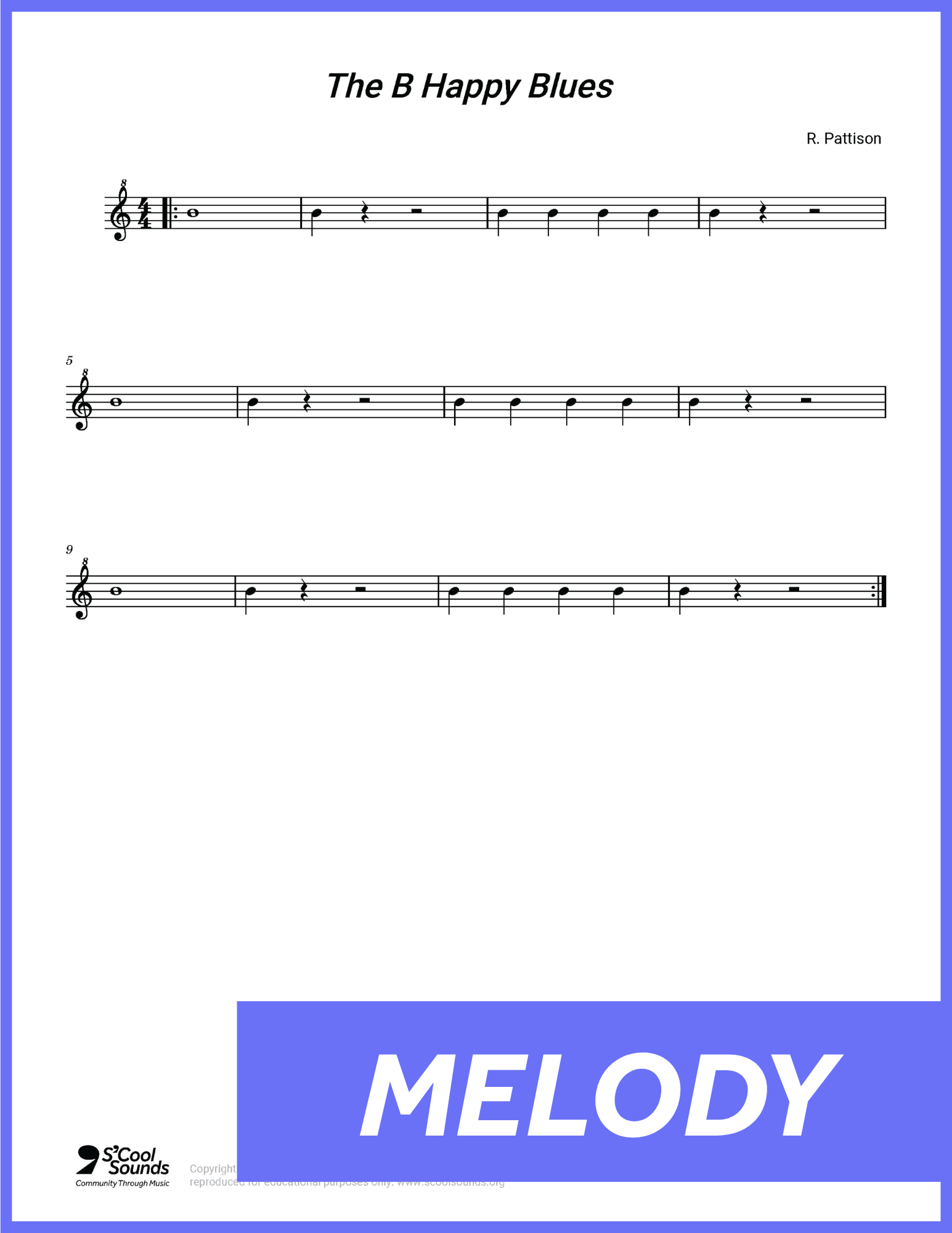 A thumbnail preview showing the melody notation for the song "The 'B' Happy Blues."