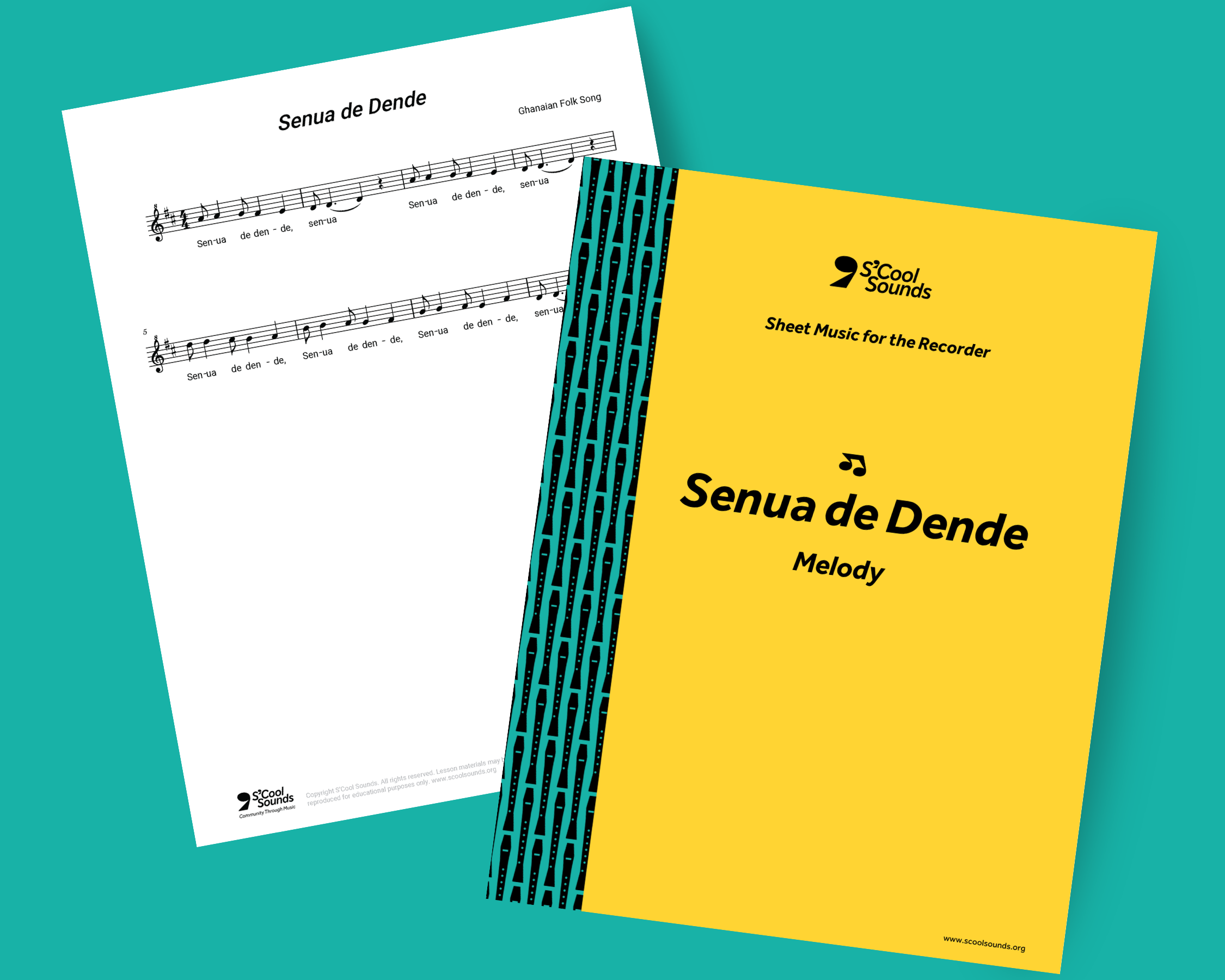 Two sheets of music for "Senua de Dende": one white with musical notation, the other yellow serving as the cover with the title and decorative pattern.