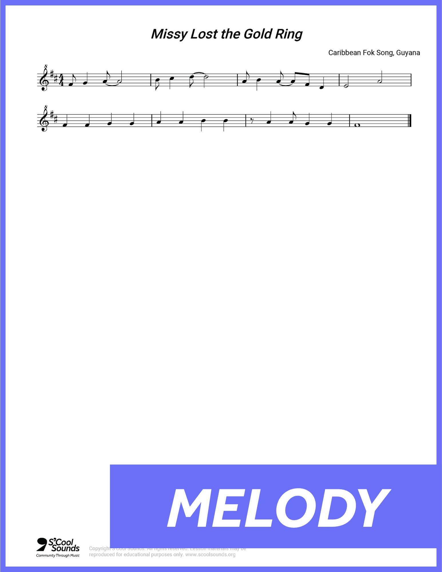 A thumbnail preview showing the melody notation for the song "Missy Lost the Gold Ring."