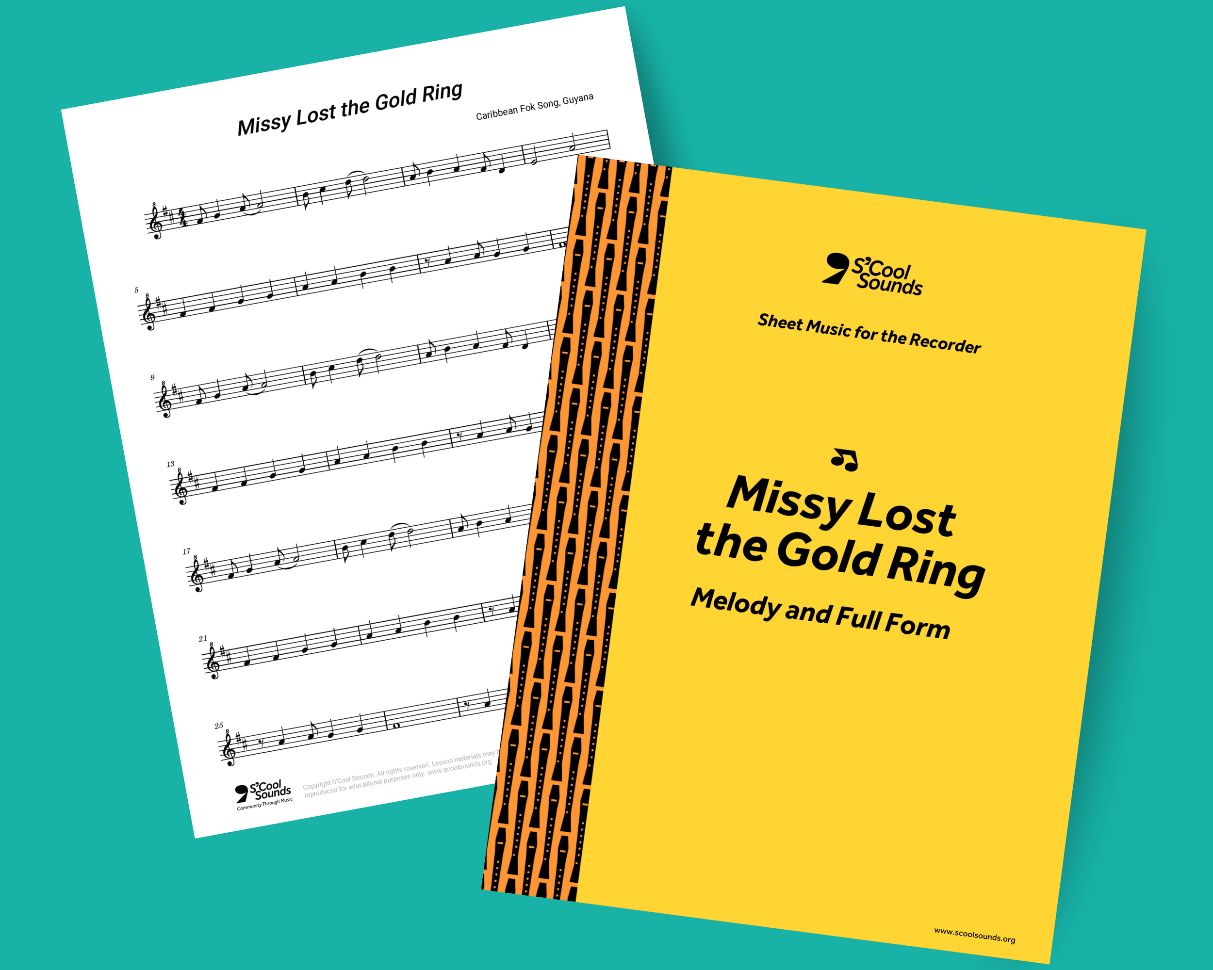 Two sheets of music for "Missy Lost the Gold Ring": one white with musical notation, the other yellow serving as the cover with the title and decorative pattern.