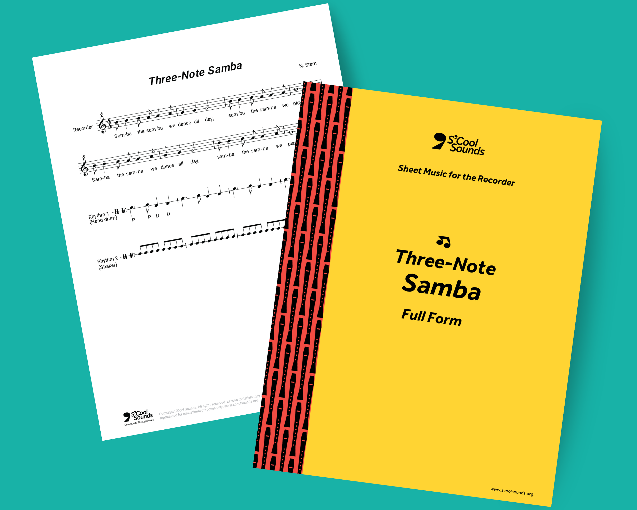 Two sheets of music for "Three-Note Samba": one white with musical notation, the other yellow serving as the cover with the title and decorative pattern.