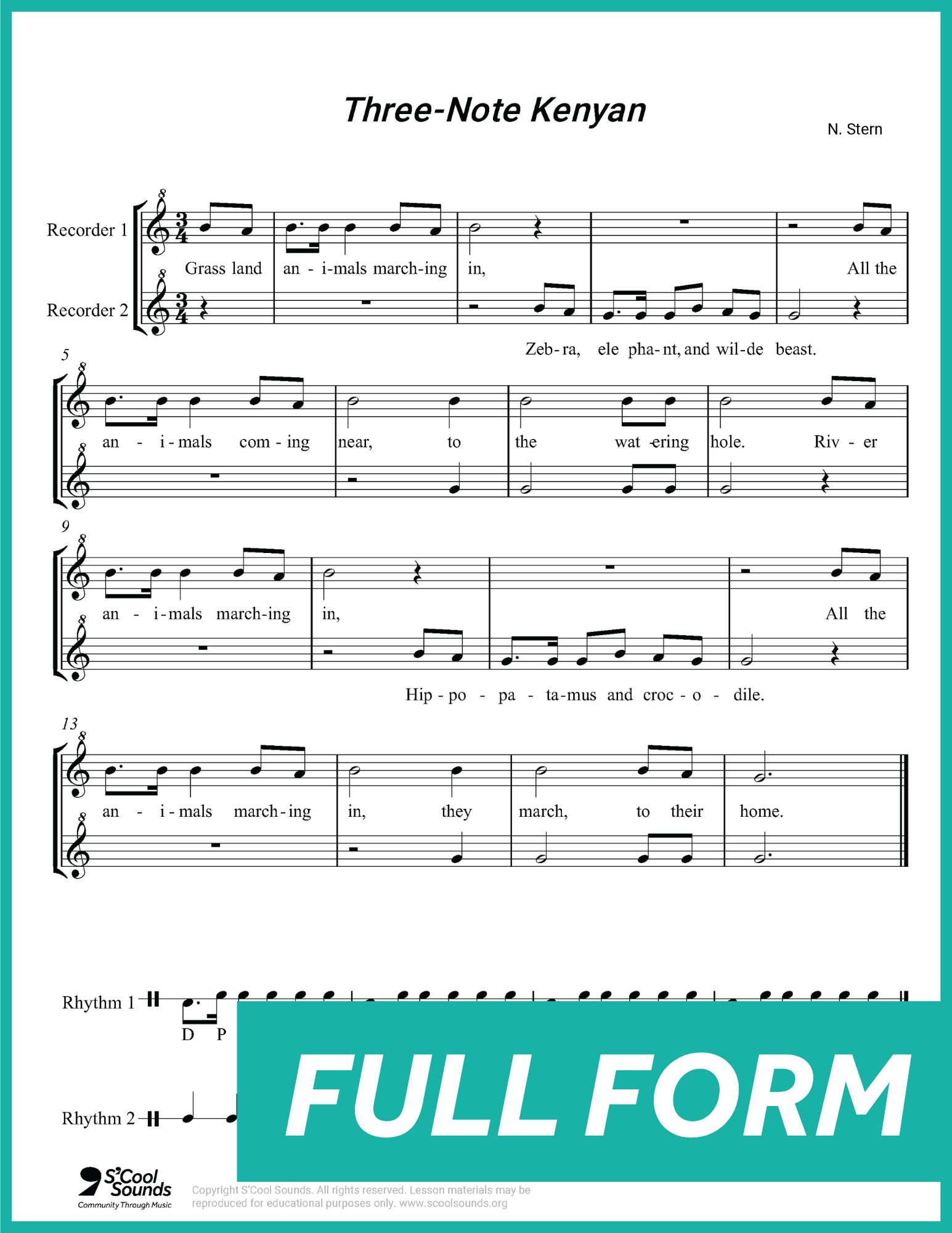 A thumbnail preview showing the full form notation for the song "Three-Note Kenyan."