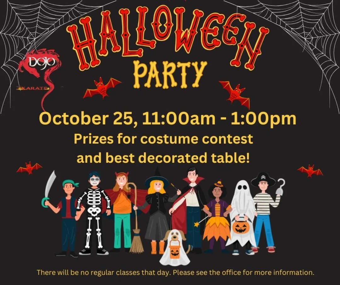 ๐๐ป You're Invited to the Dojo Karate Halloween Party! ๐ฅ๐ฌ Get ready for a spooktacular day of fun, games, food, and excitement at @dojokarateblaine!
Here’s what’s happening: 
๐ชฉ Bounce house fun 
๐ Prizes for best costume 
๐จ Awards f