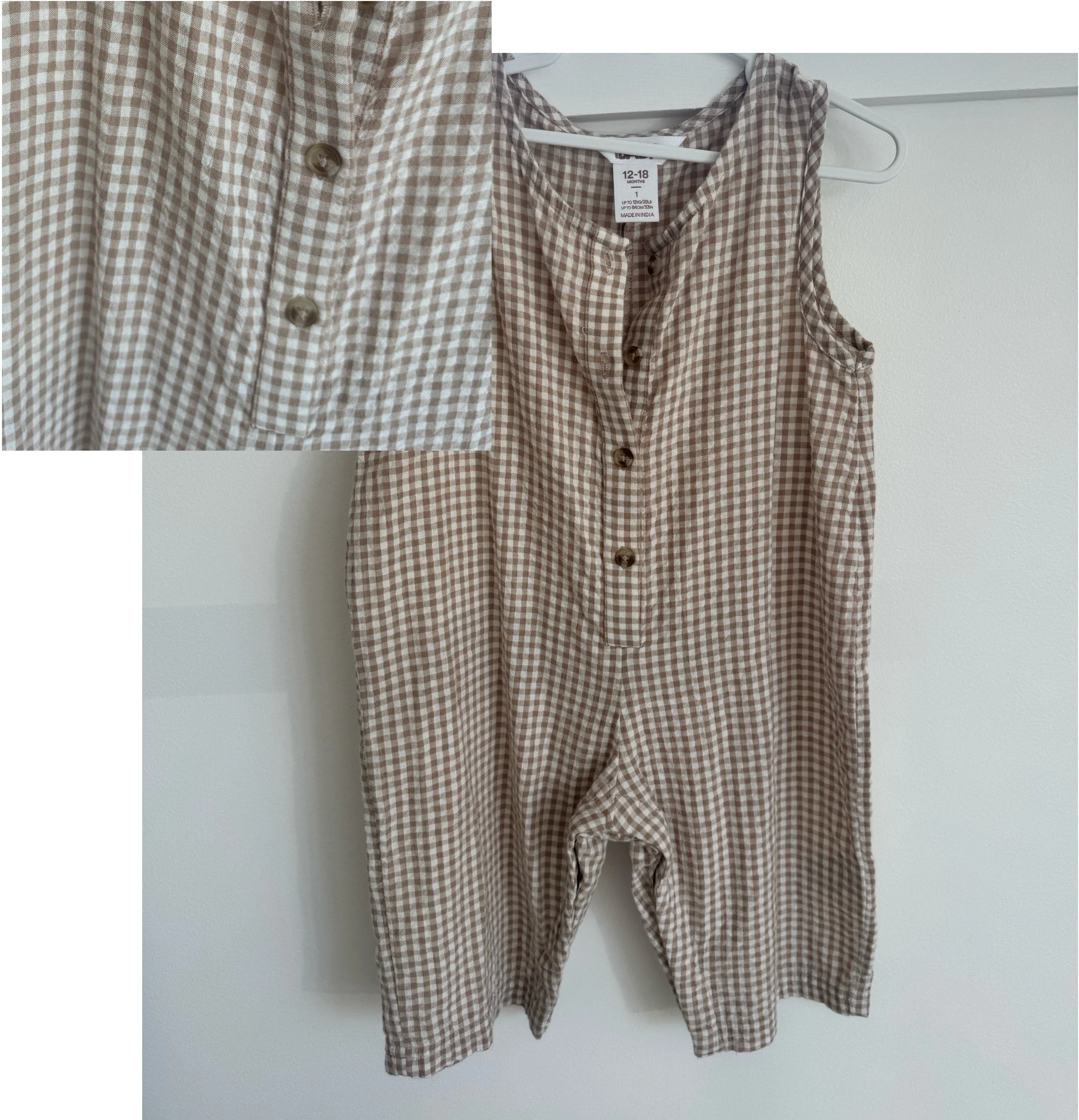 Item 404 - Checkered Brown & White Romper (Size 12-18 Months) 