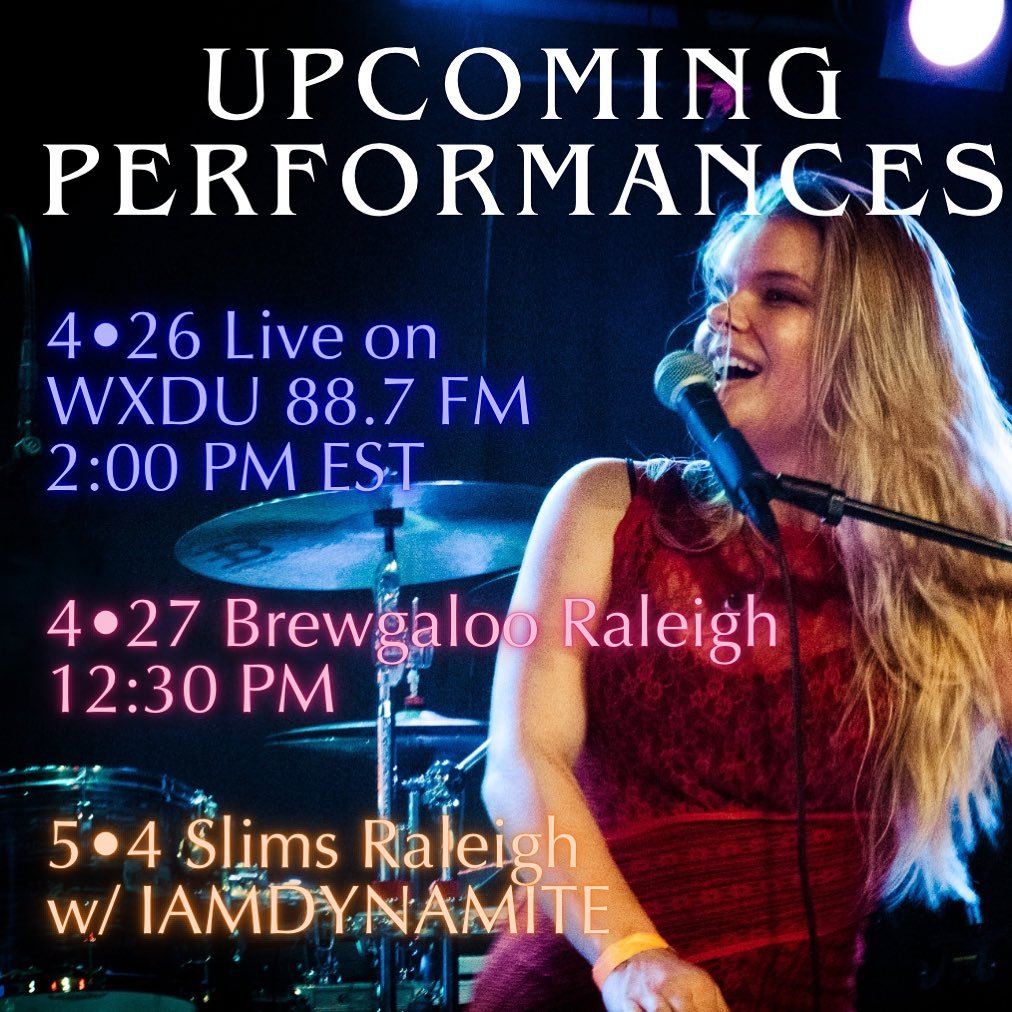 We got some gigs! You have 3 chances to hear us perform in the next few weeks, mark your calendars and we&rsquo;ll see you there 😘 

✨4/26 live on WXDU 88.7 FM at 2:00 est 

✨4/27 at Brewgaloo in Raleigh at 12:30

✨5/4 at Slims in Raleigh with IAMDY