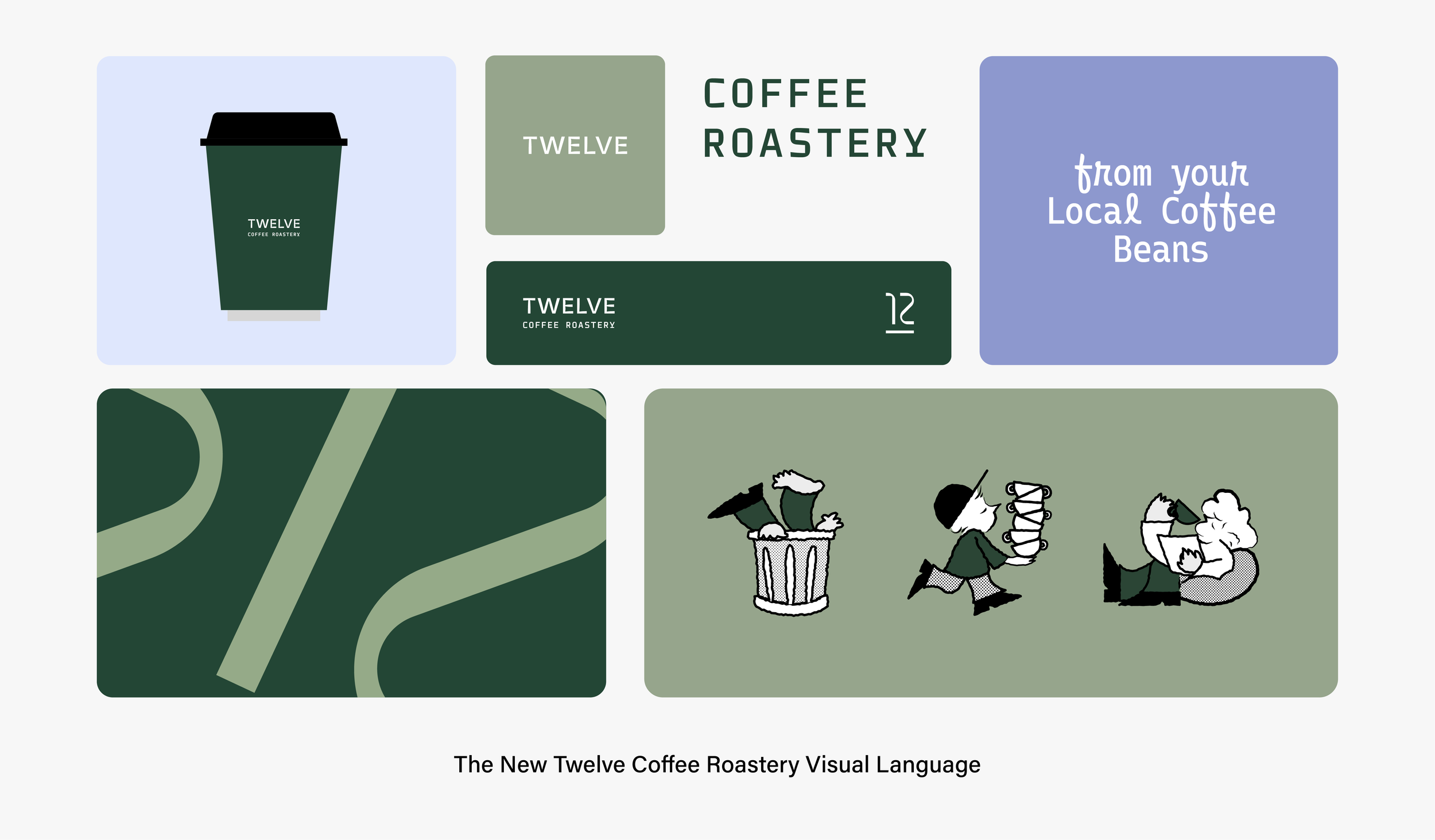 A mood board showcasing the visual branding for Twelve Coffee Roastery, featuring a color palette of sage green, dark forest green, and periwinkle blue alongside logo variations, paper coffee cup mockups, abstract graphics, and playful illustrations.