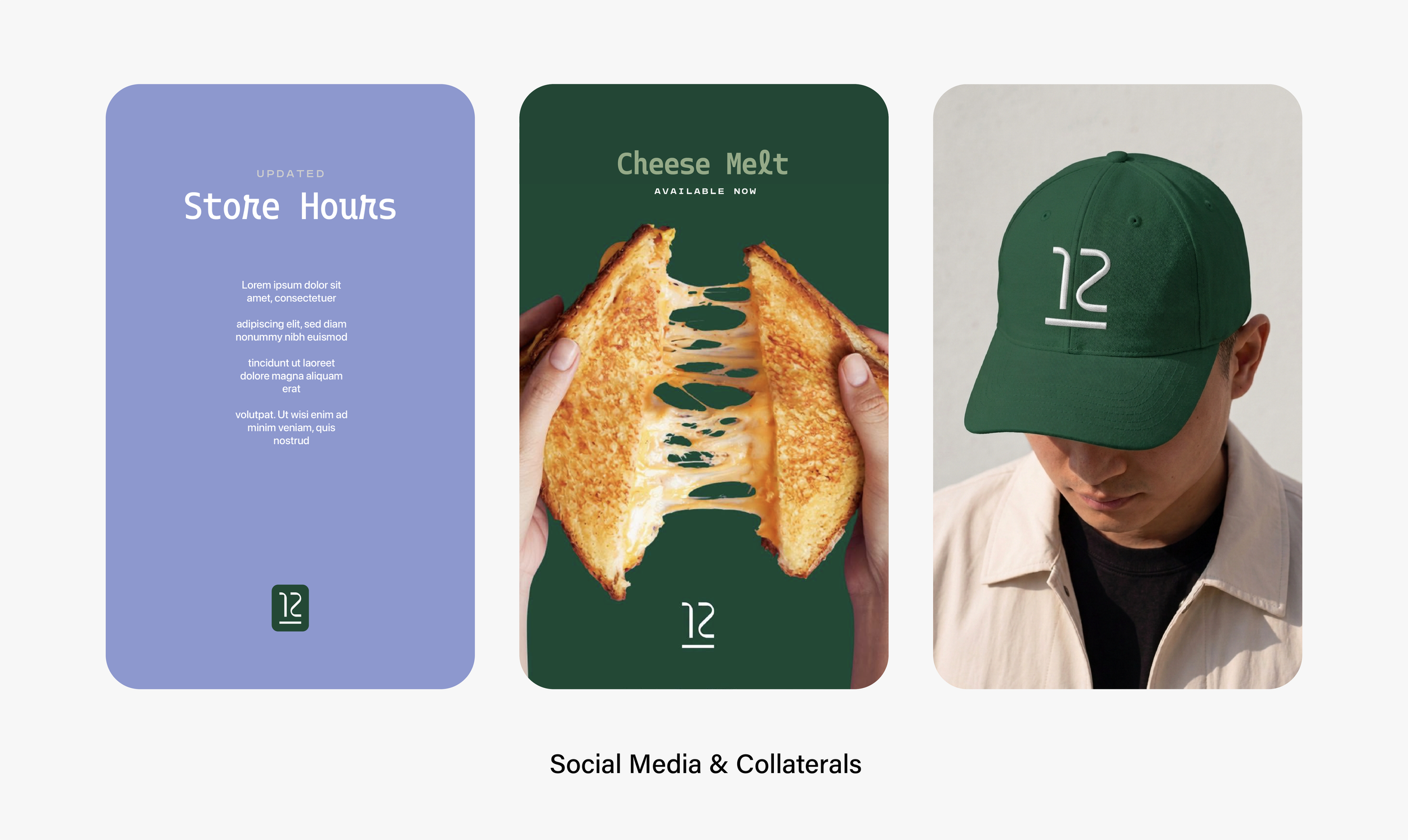 Three promotional design assets for Twelve Coffee Roastery, and a model wearing a green baseball cap embroidered with the "12" logo.